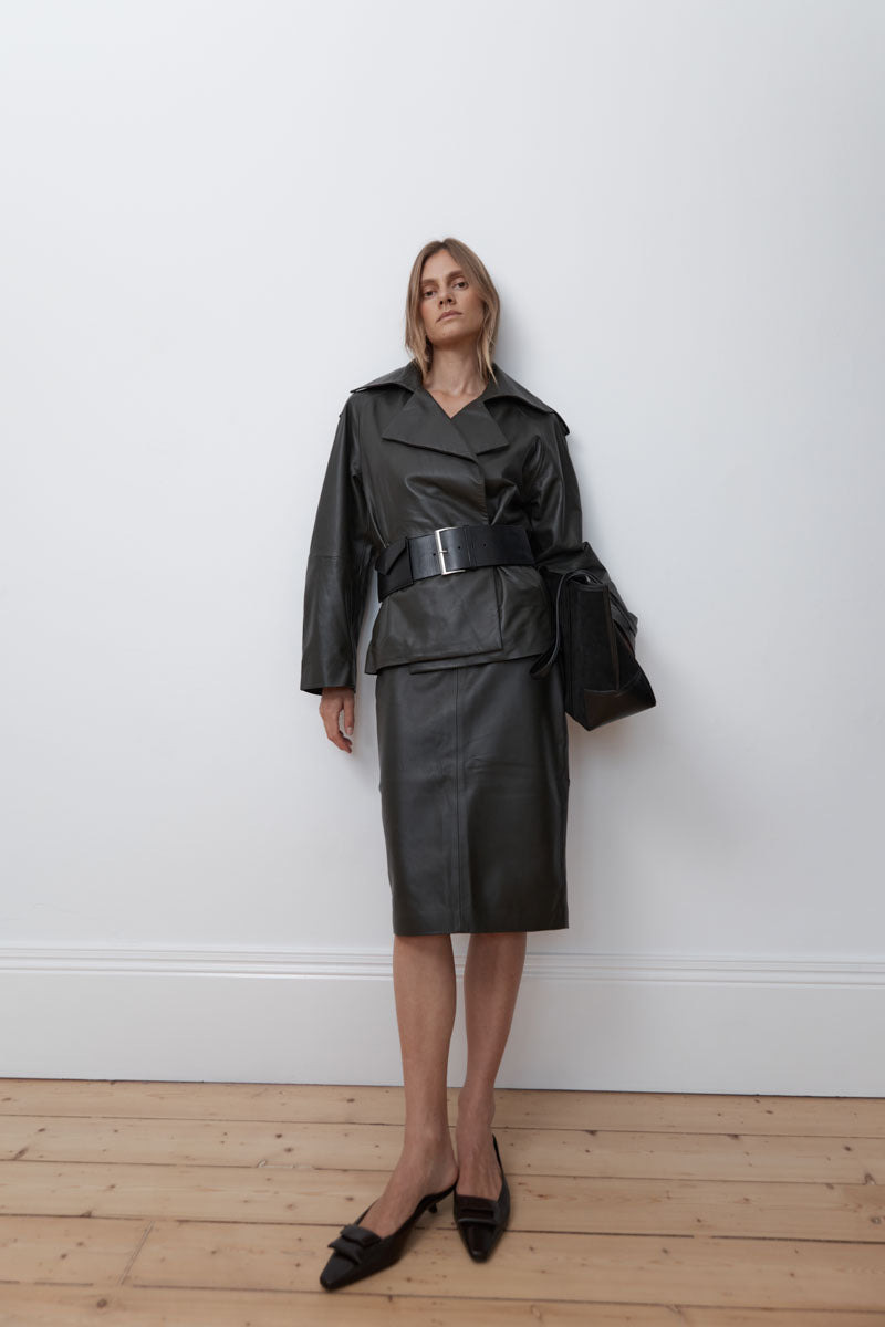 Leather Pencil Skirt - Khaki - 9
