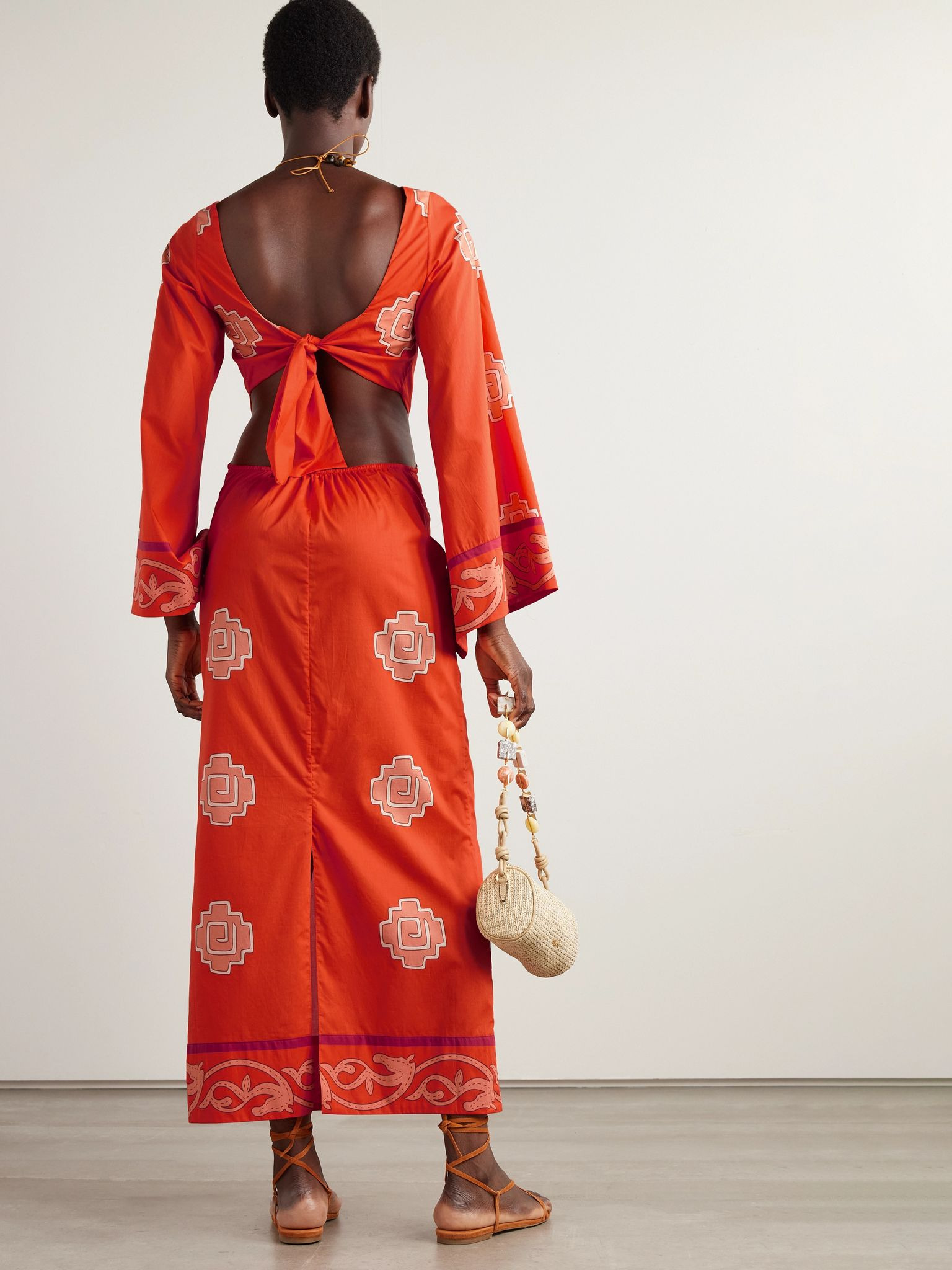 Underwater Sanctuary open-back printed cotton-poplin maxi dress Red - 3