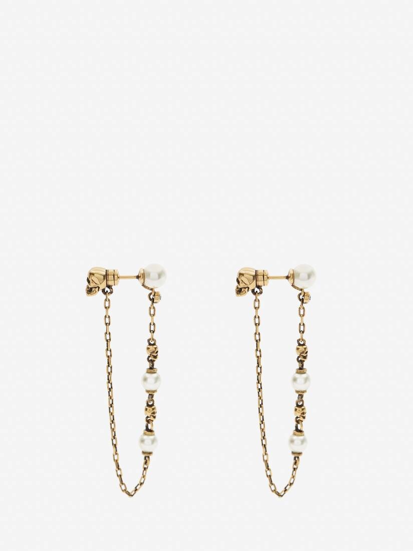 Women's Pearl Skull Drop Chain Earrings in Antique Gold - 2
