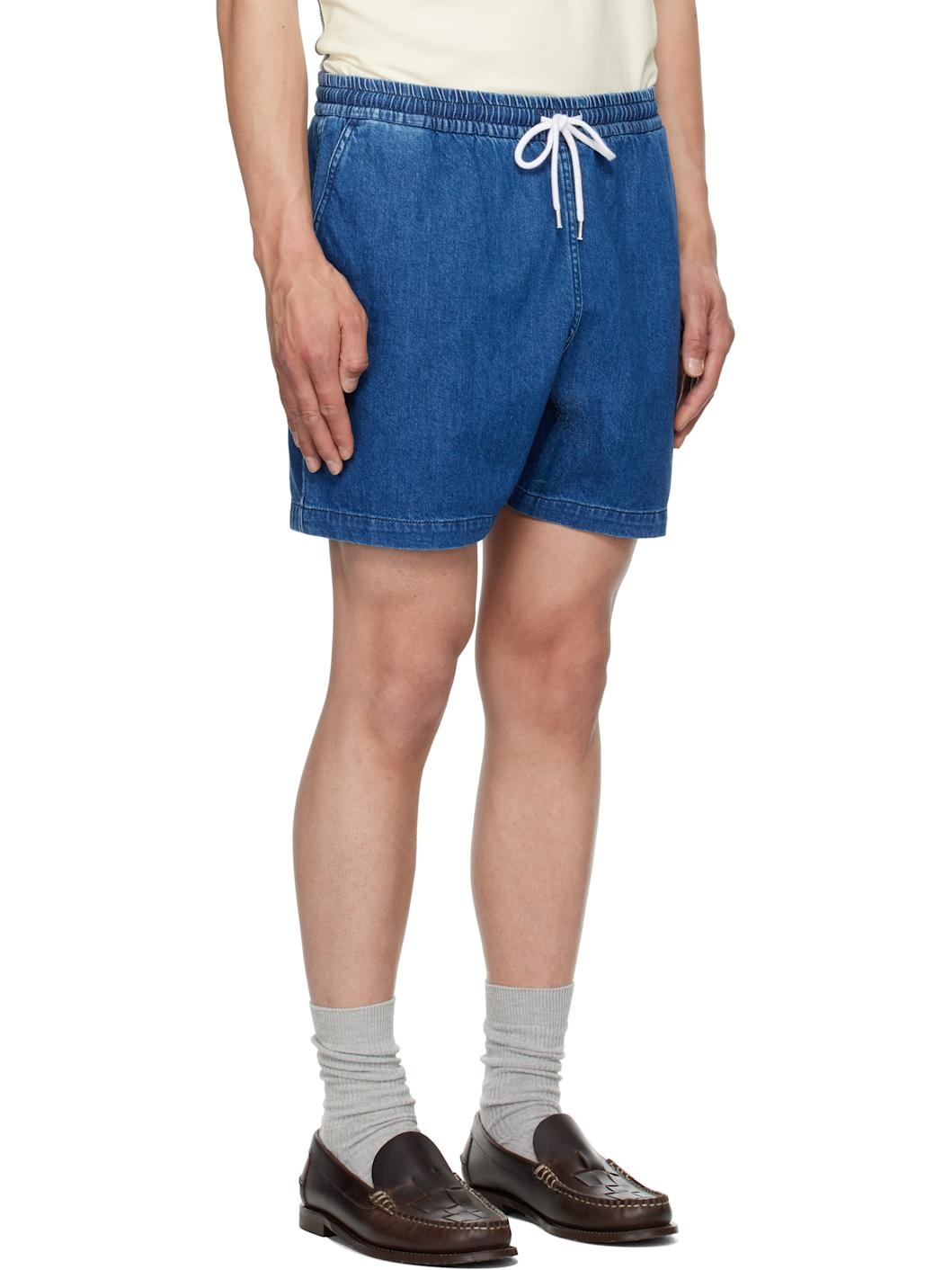 Blue Cotton Drawstring Denim Shorts - 2