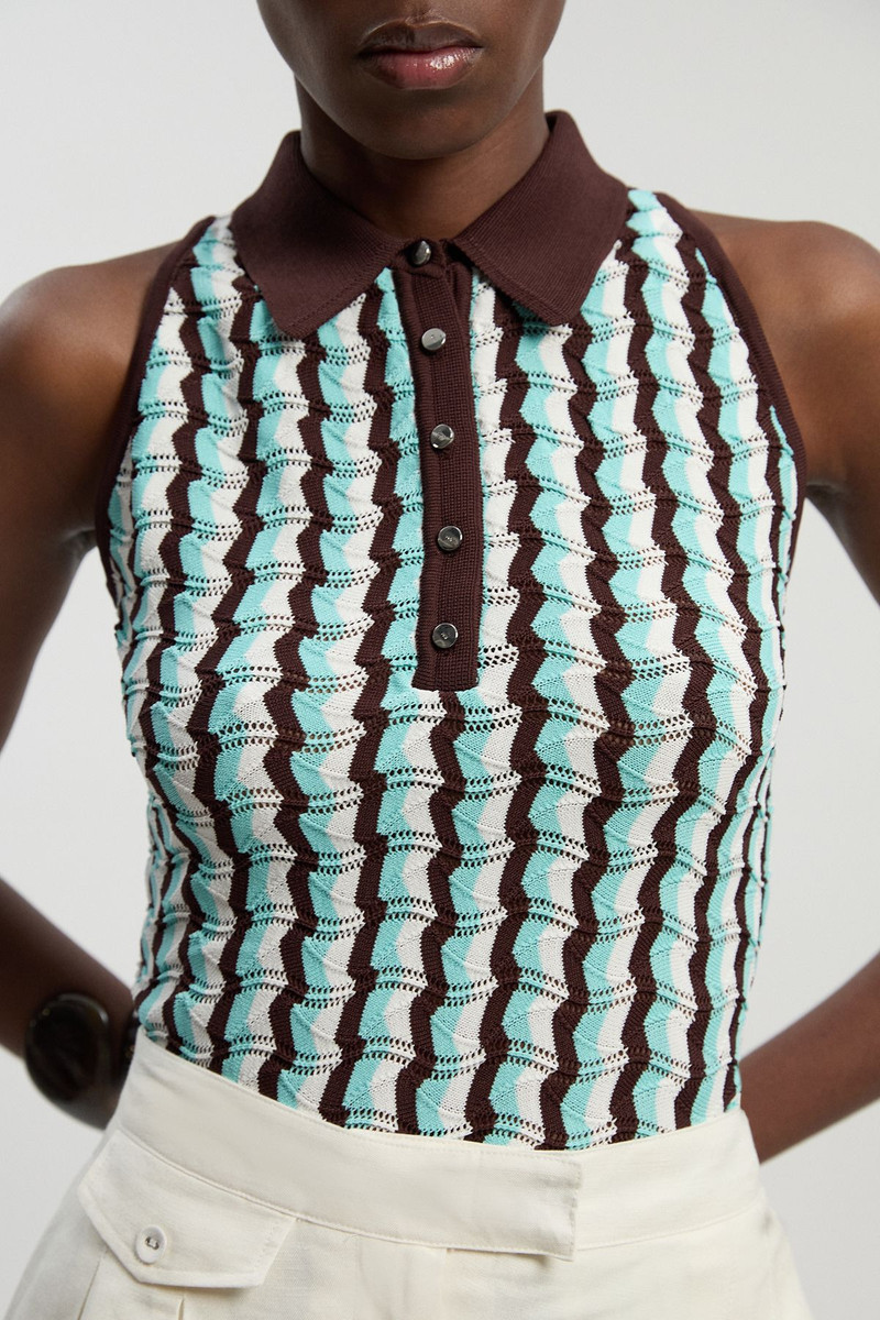 KAREN MILLEN Knit Contrast Collar Pointelle Sleeveless Midi Top outlook