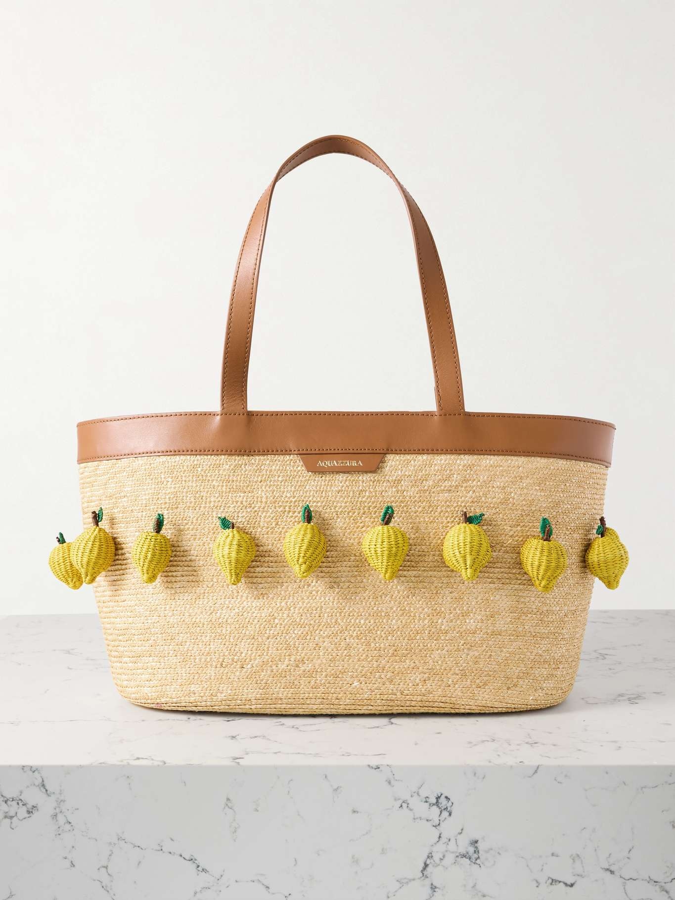 AQUAZZURA Lemon leather-trimmed embellished raffia tote | REVERSIBLE