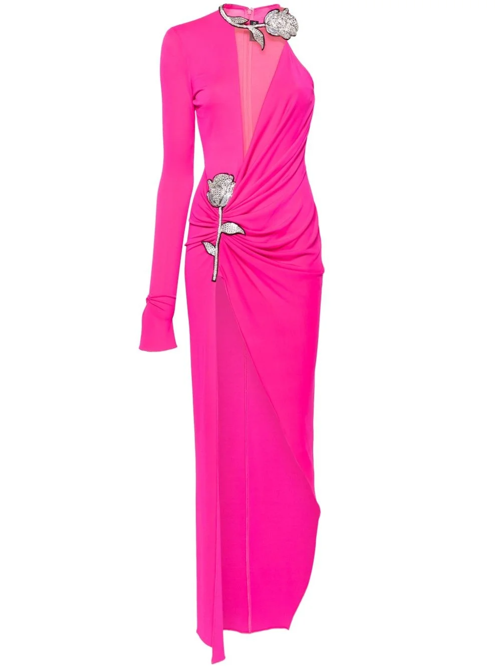 floral-appliqué ruched gown - 1