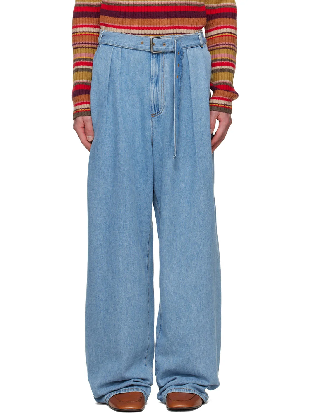 Blue Belted Pleat Jeans - 1