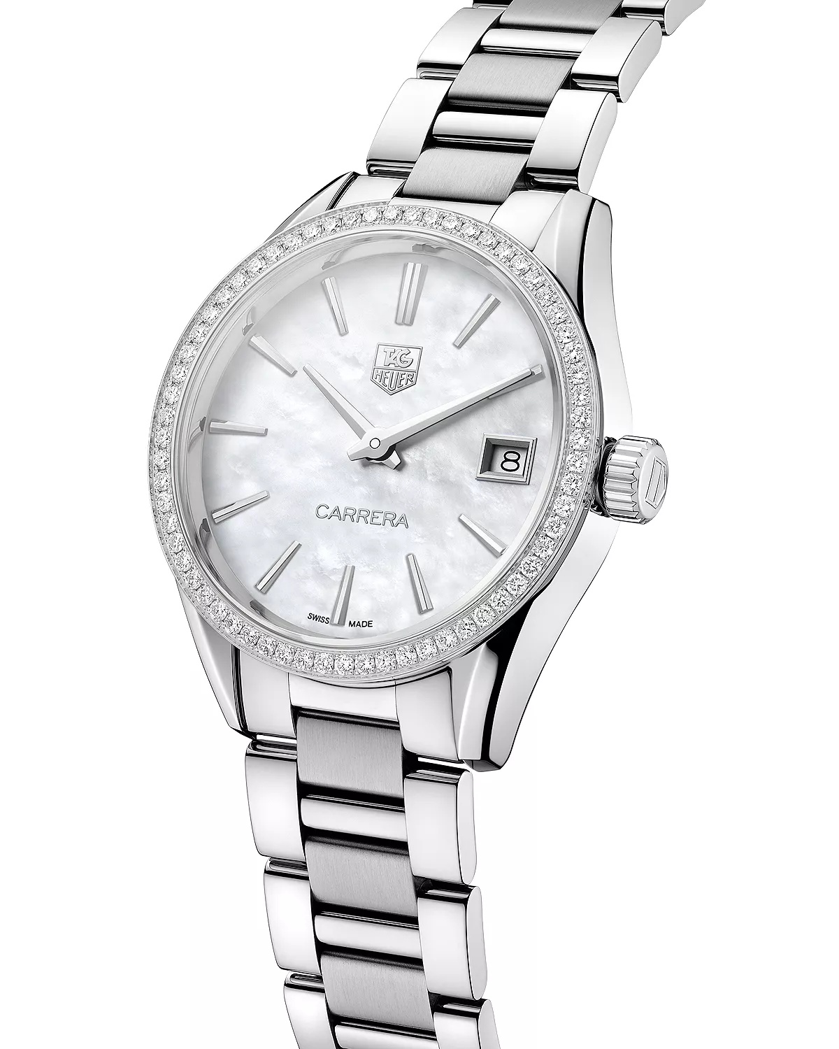 Carrera Stainless Steel and White Mother of Pearl Dial Watch with Diamond Bezel Case, 32mm - 4