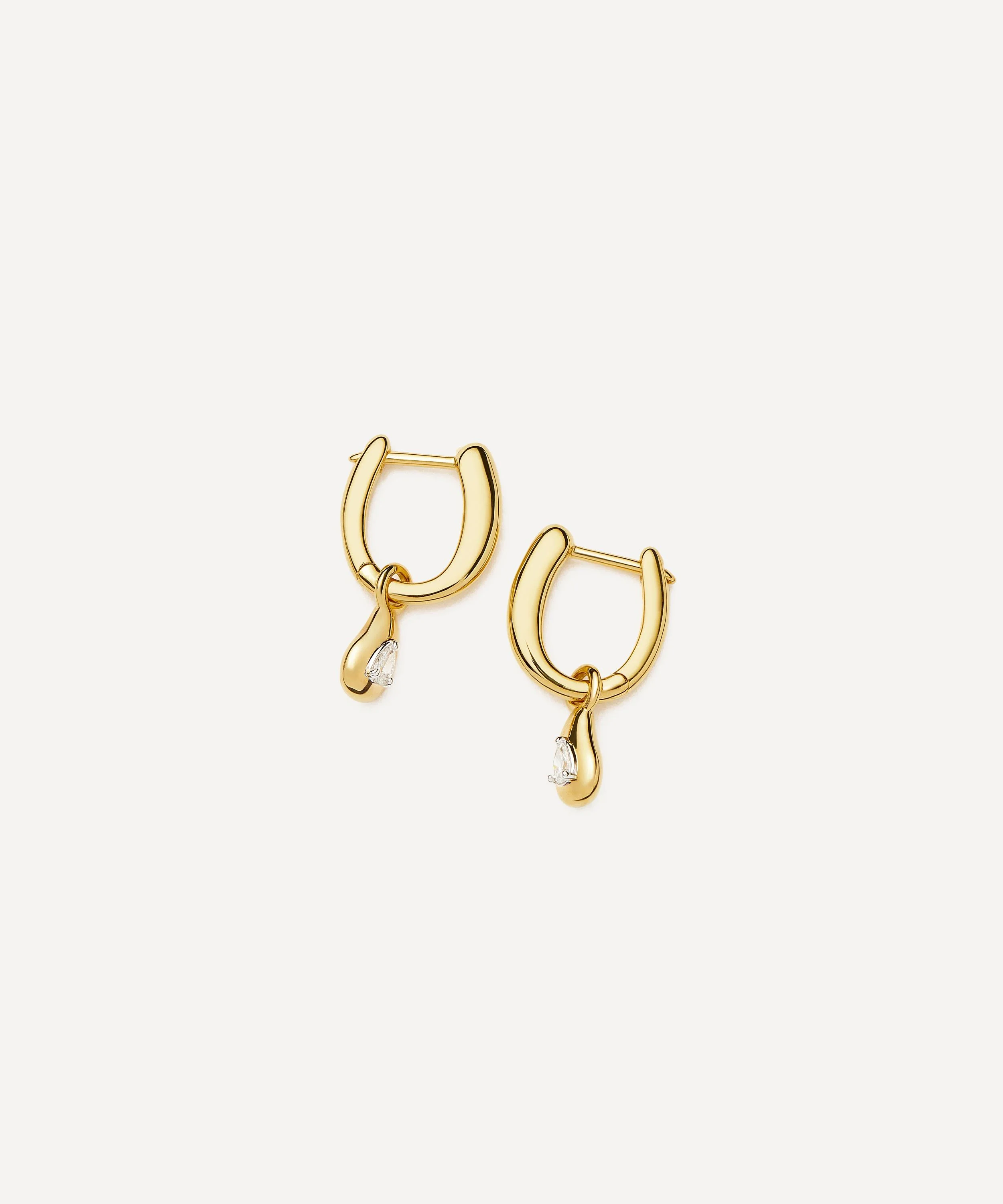 18ct Gold Vermeil Molten Teardrop Diamond Charm Hoop Earrings - 1