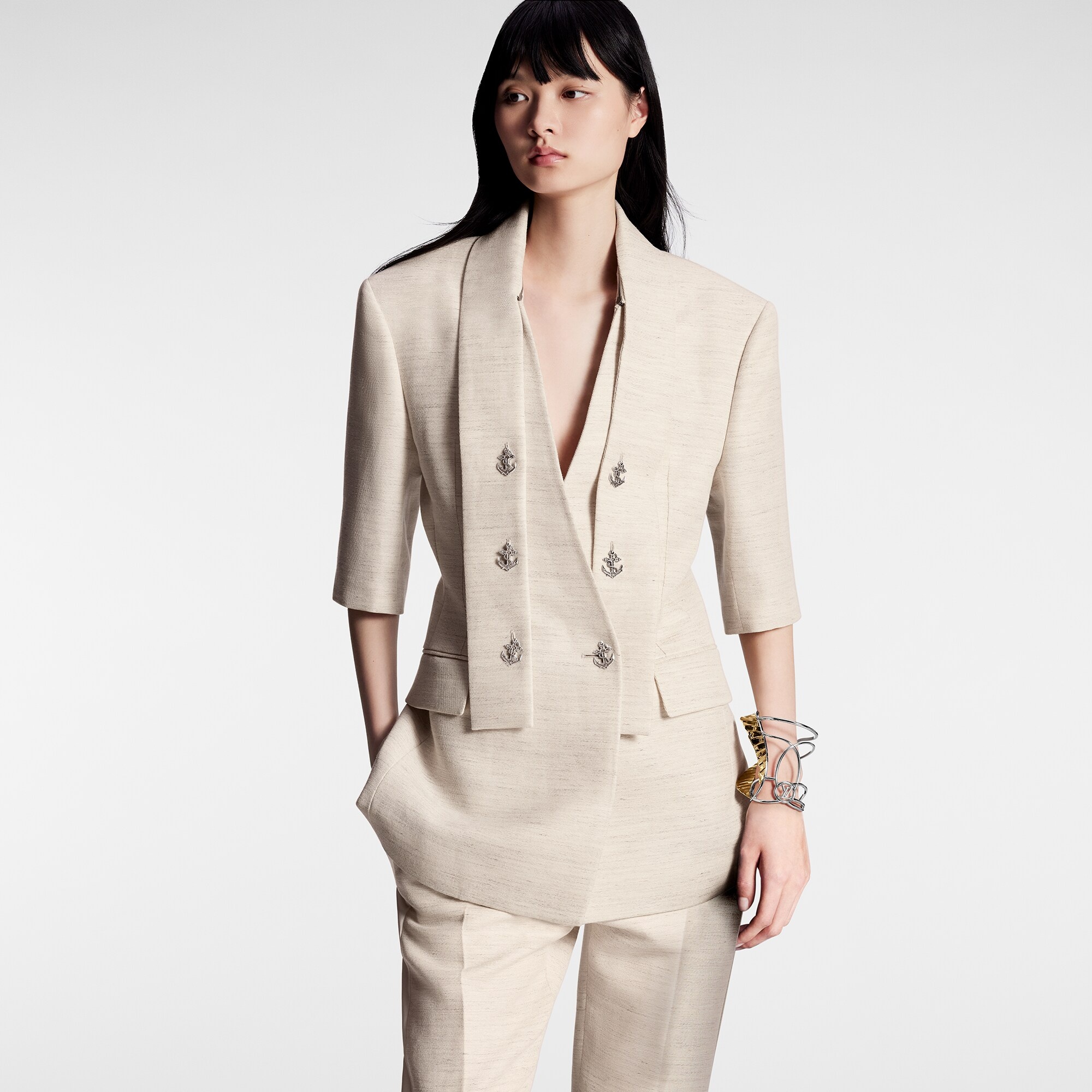 Scarf Collar Half-Sleeve Blazer - 3
