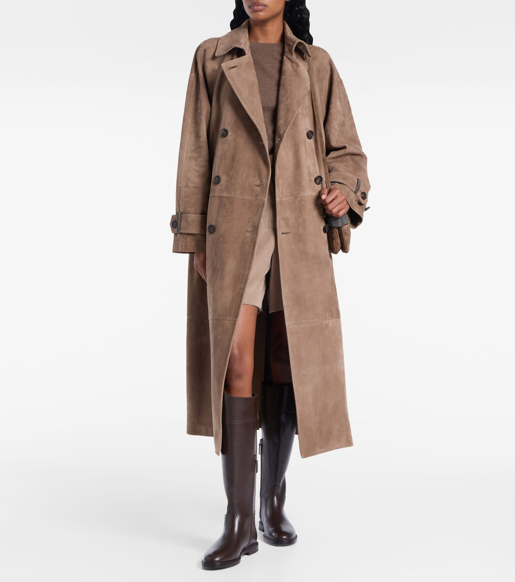Double-breasted paneled suede coat - 2