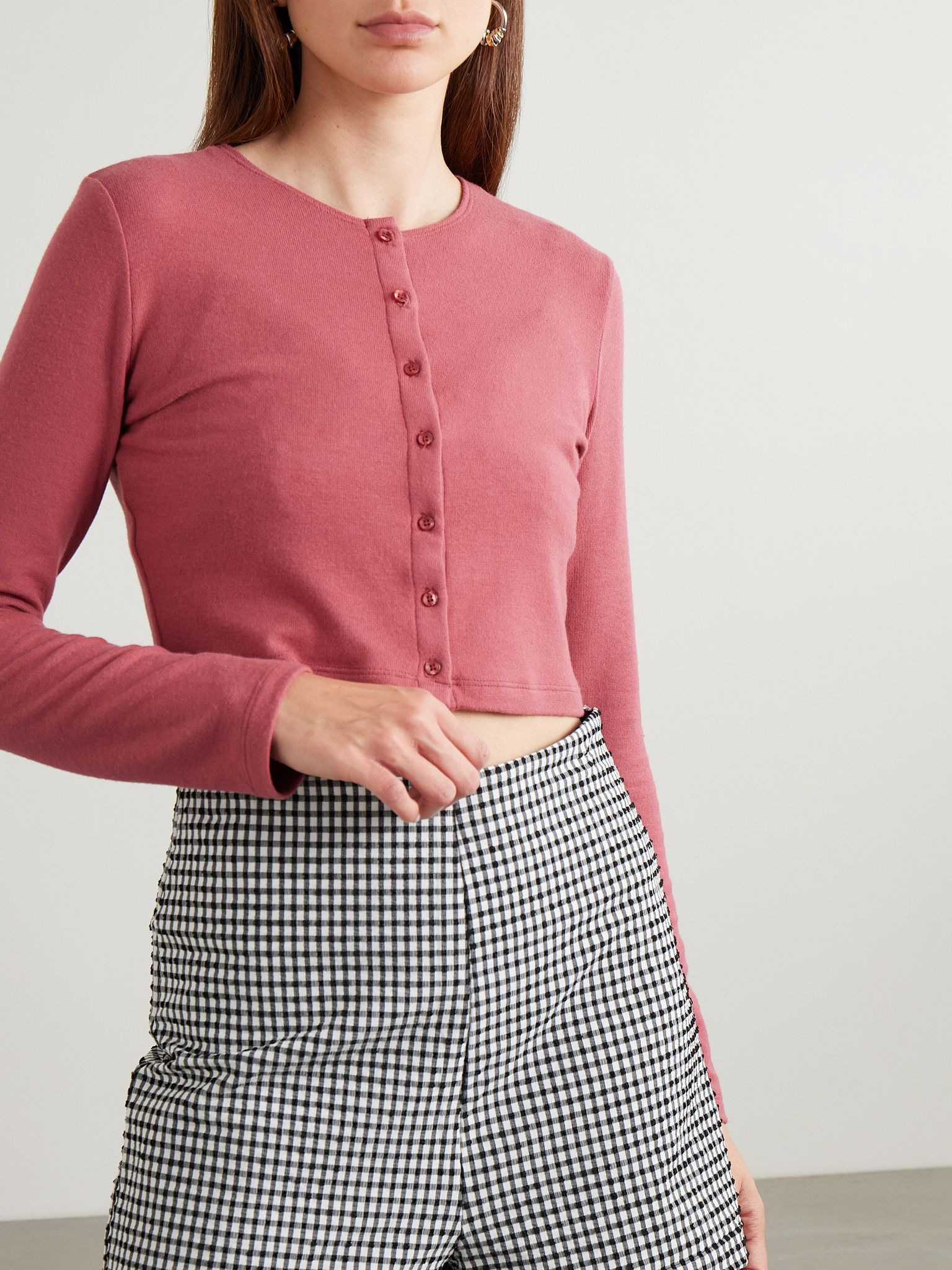 Lauren cropped brushed stretch-knit cardigan Claret - 3