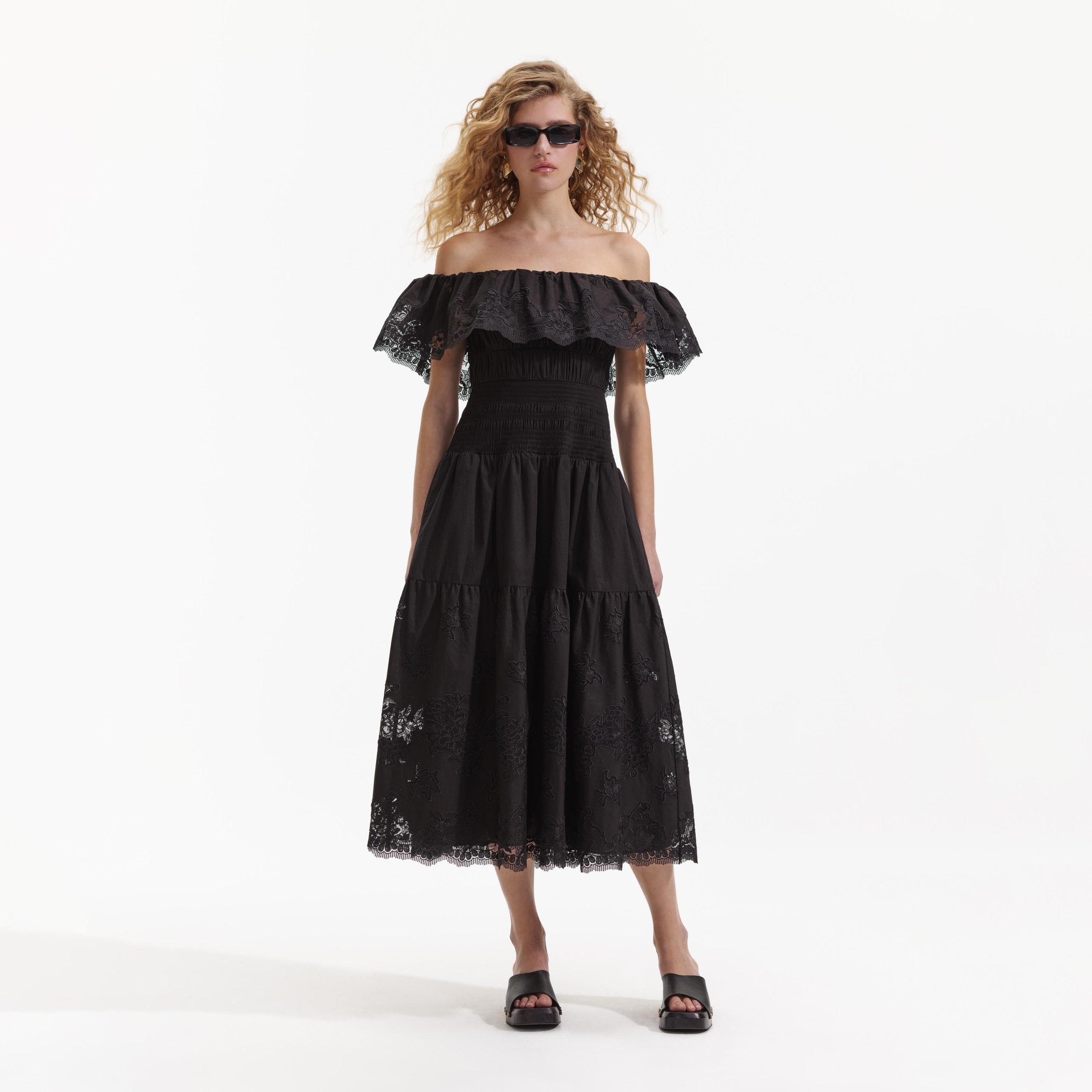 Black Cotton Midi Dress - 1