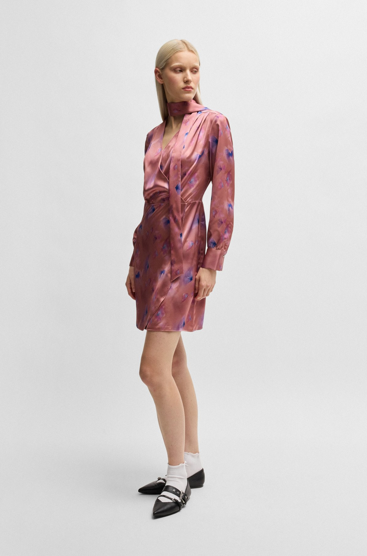 WRAP-FRONT DRESS WITH BUTTERFLY PRINT AND BUTTON CUFFS - 3