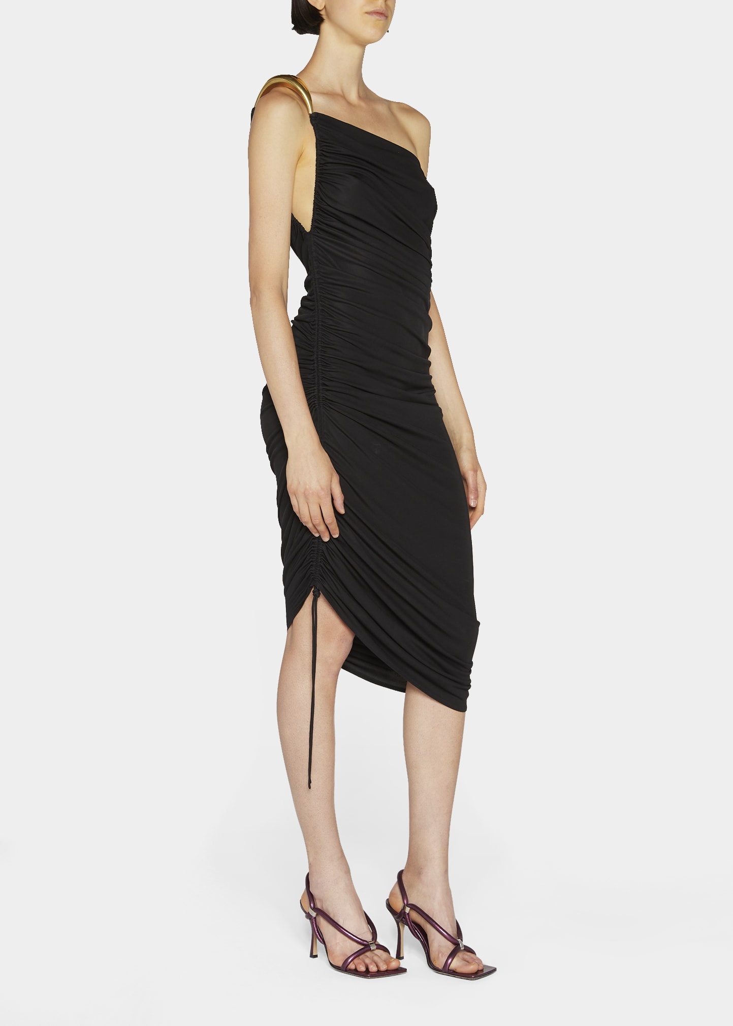 Bottega Veneta One-Shoulder Asymmetric Midi Dress with Gold