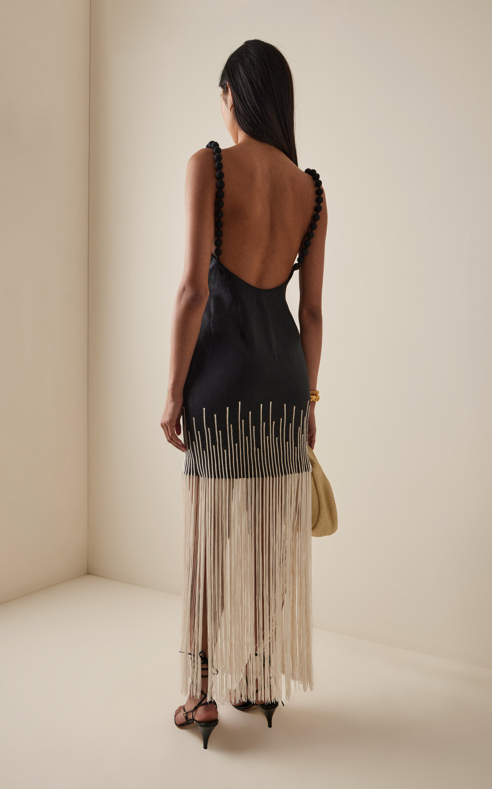 Silencios Embroidered Fringed Maxi Dress black/white - 4