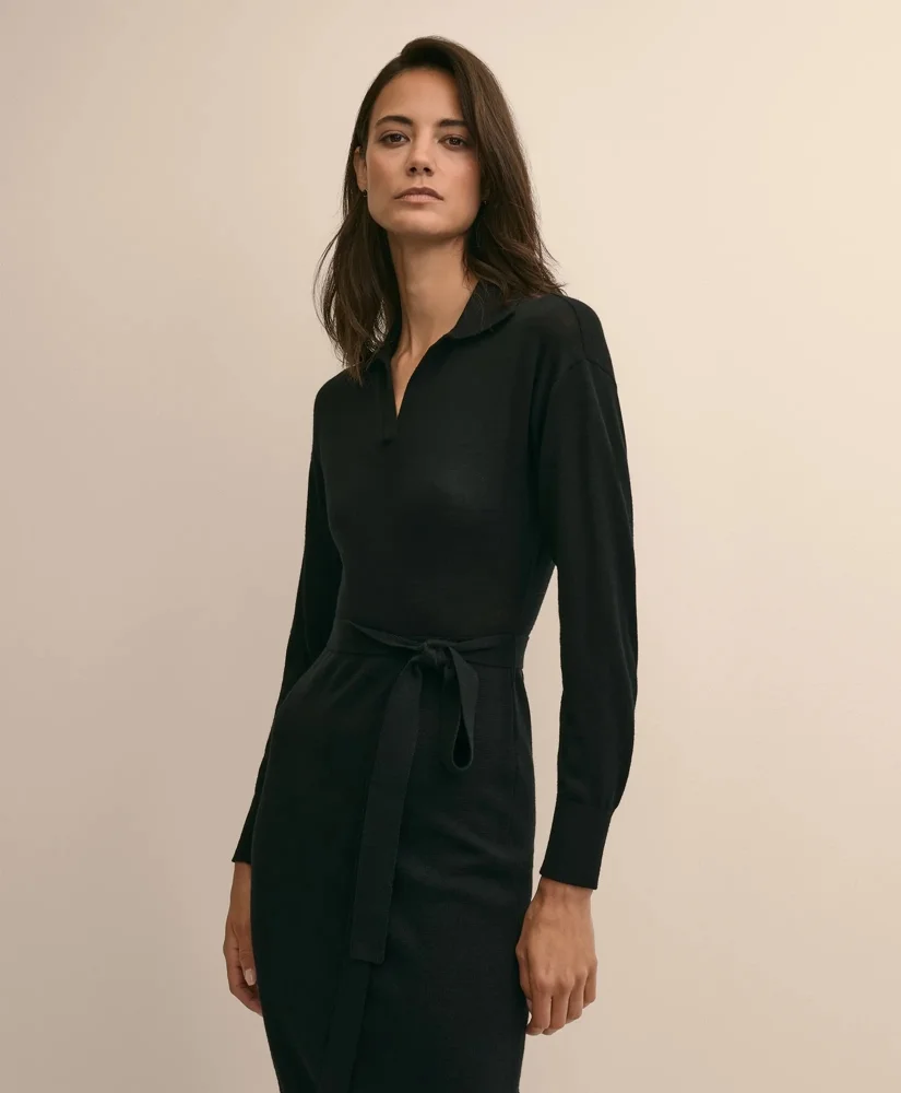 Merino Wool Belted Dolman-Sleeve Dress - 1