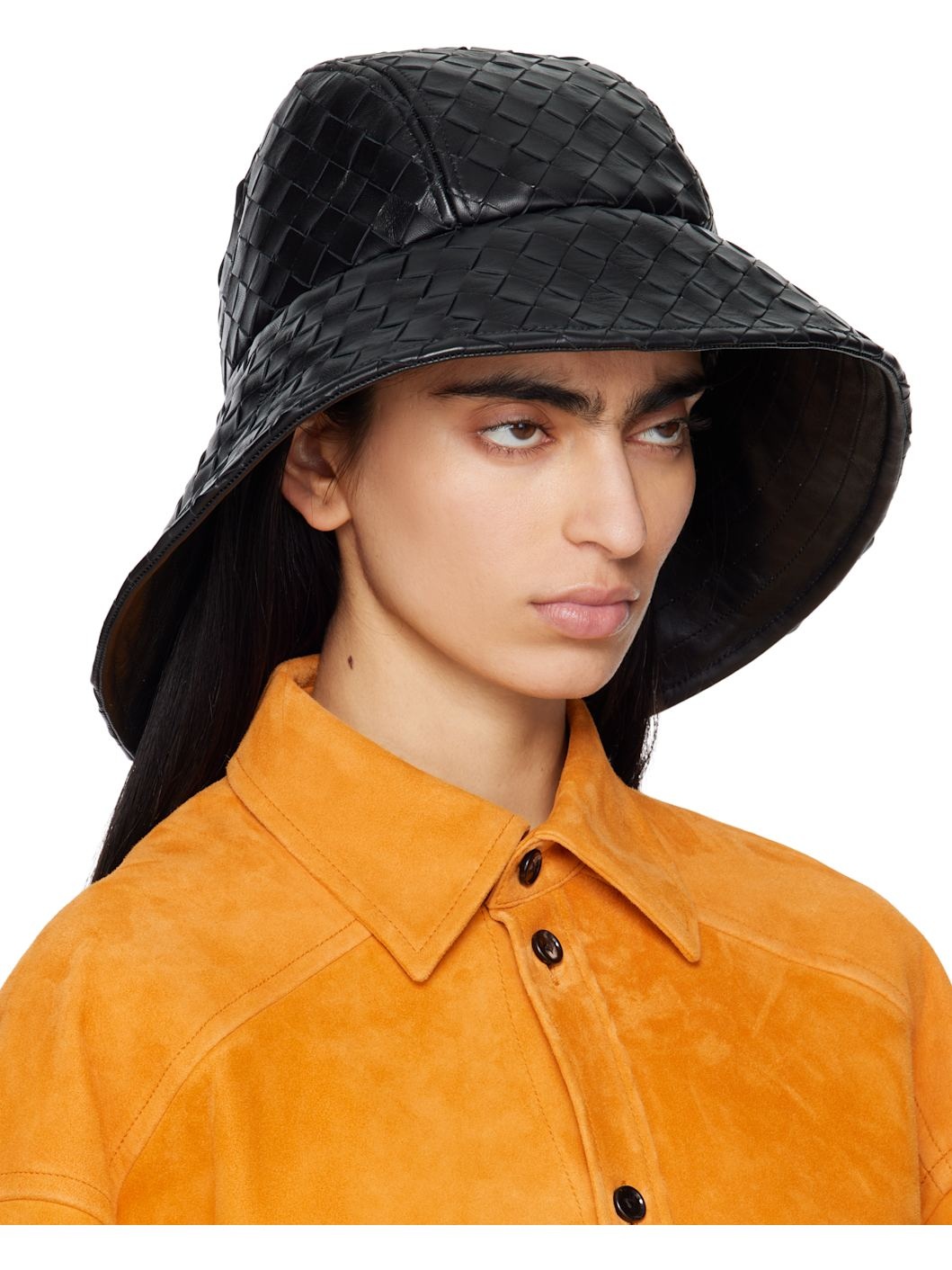 Black Intrecciato Leather Beach Hat - 2