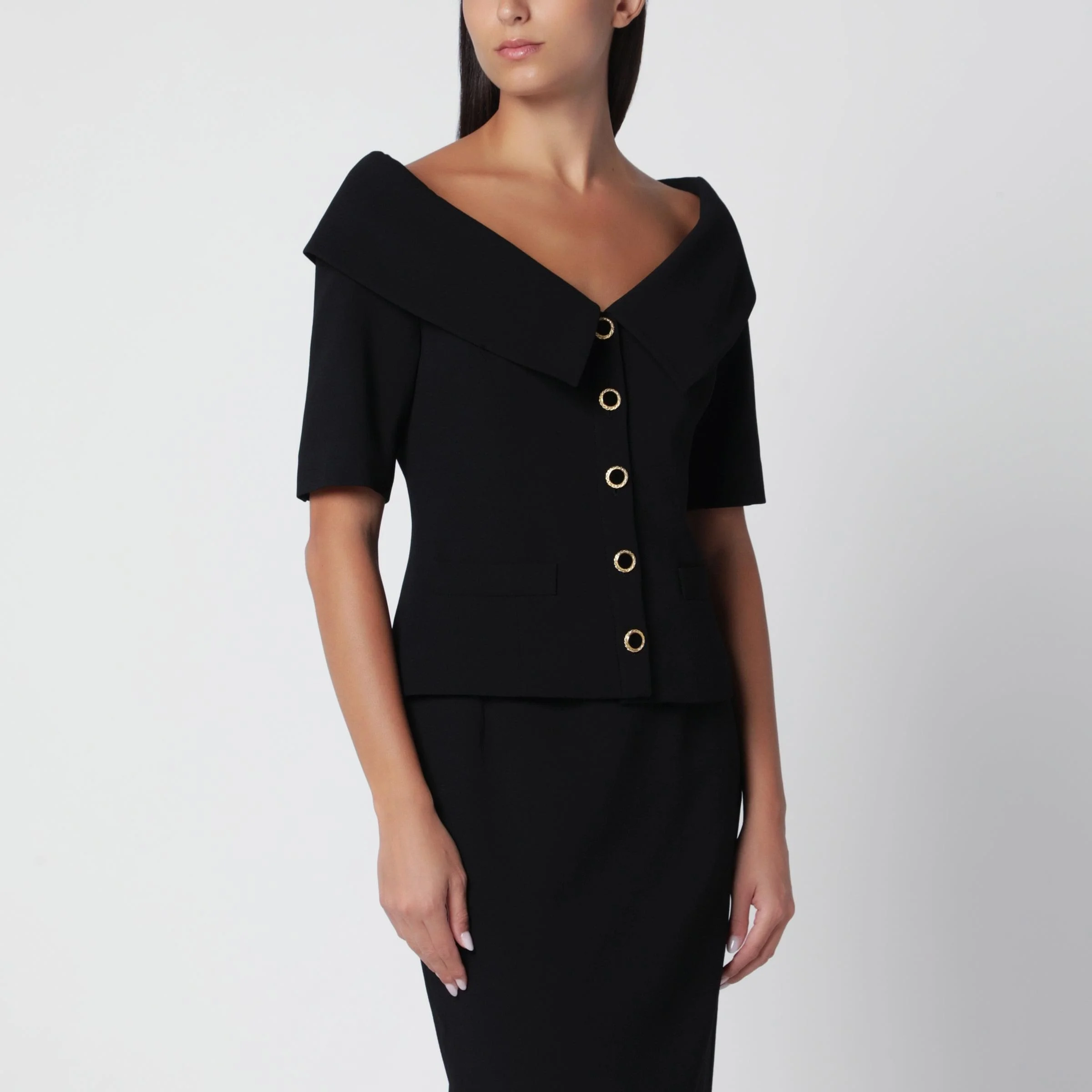 Alessandra Rich Off-Shoulder Black Wool Crãªpe Jacket Women - 1