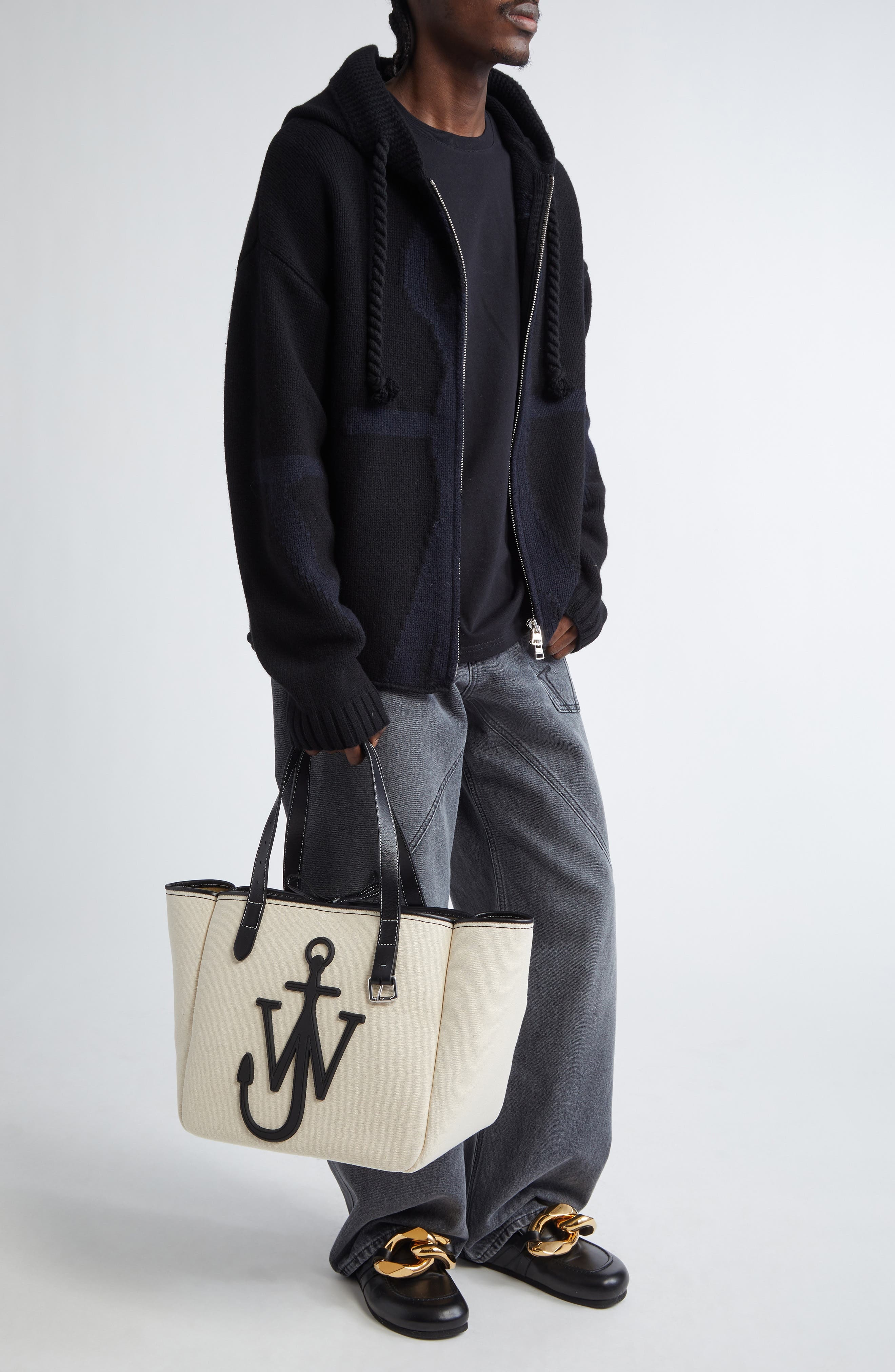 JW Anderson Anchor Intarsia Hooded Merino Wool Zip Sweater in Black/Navy at Nordstrom - 2