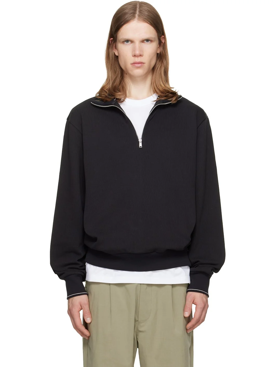 Black Zipper Neck Structured Cotton Sweatshirt - 1