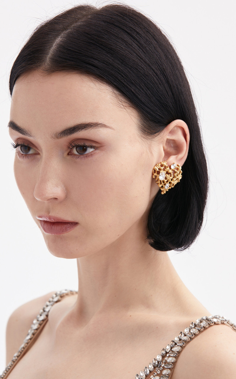Oscar de la Renta Coral Heart Pewter and Crystal Earrings gold outlook
