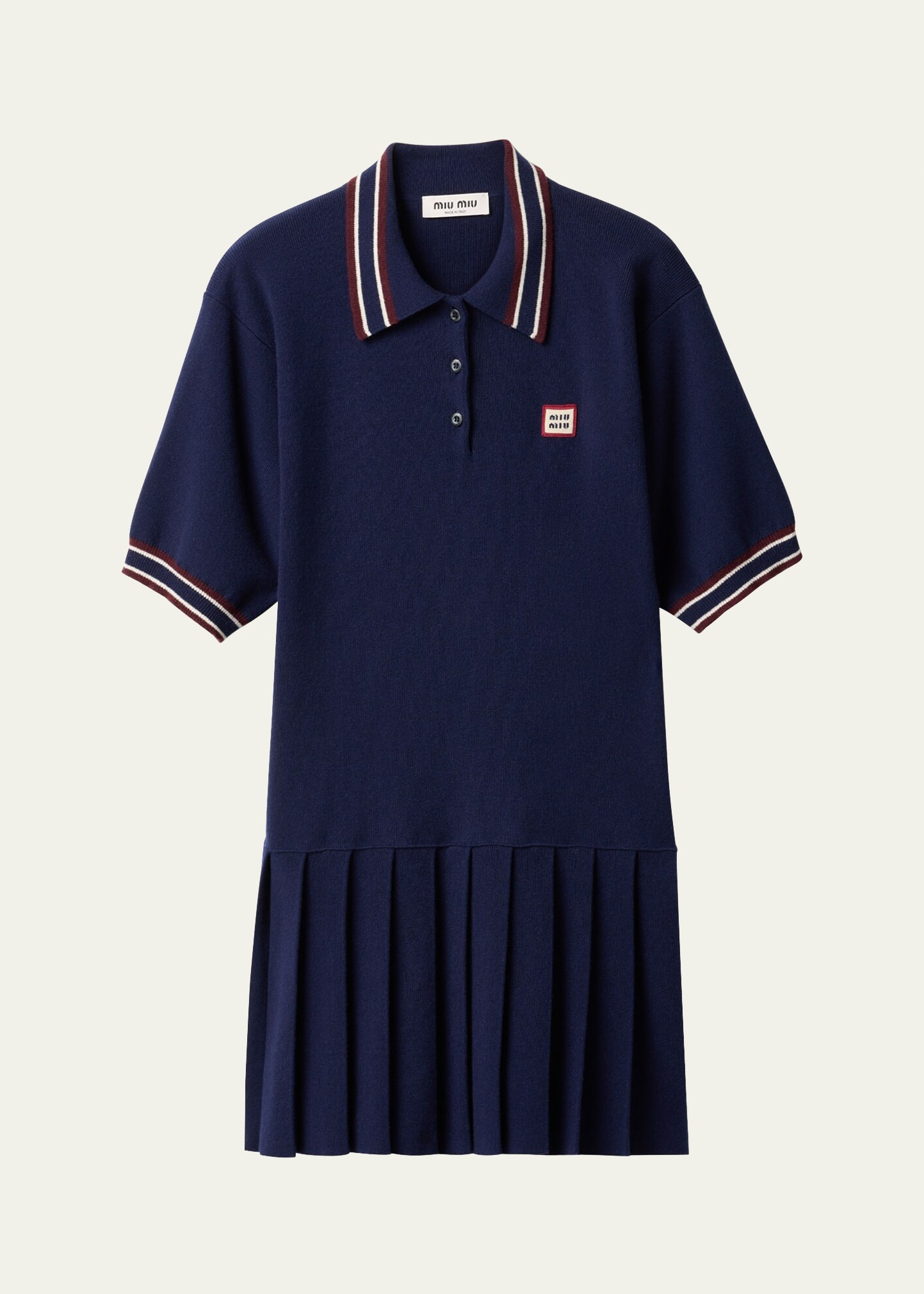 Short-Sleeve Pleated Mini Polo Cashmere Wool Dress - 1