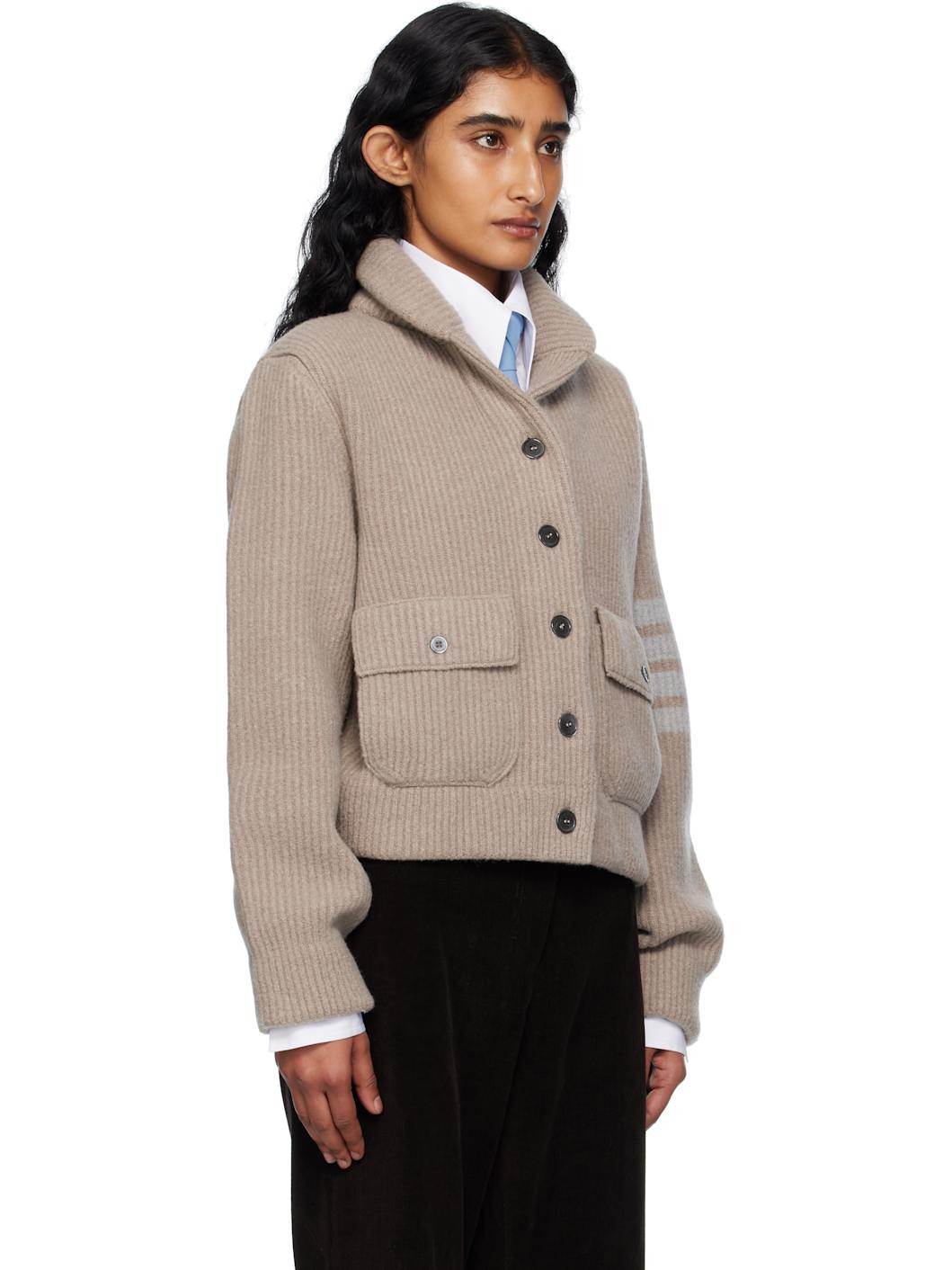 Beige Boiled Merino Wool 4-Bar Bomber Cardigan - 2