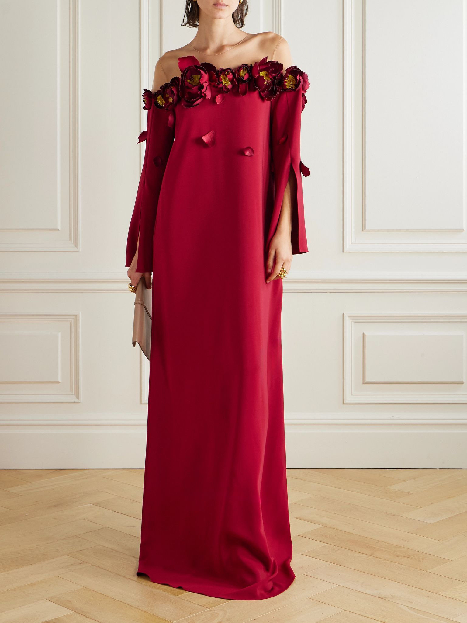 Embellished mesh-trimmed crepe gown Red - 2