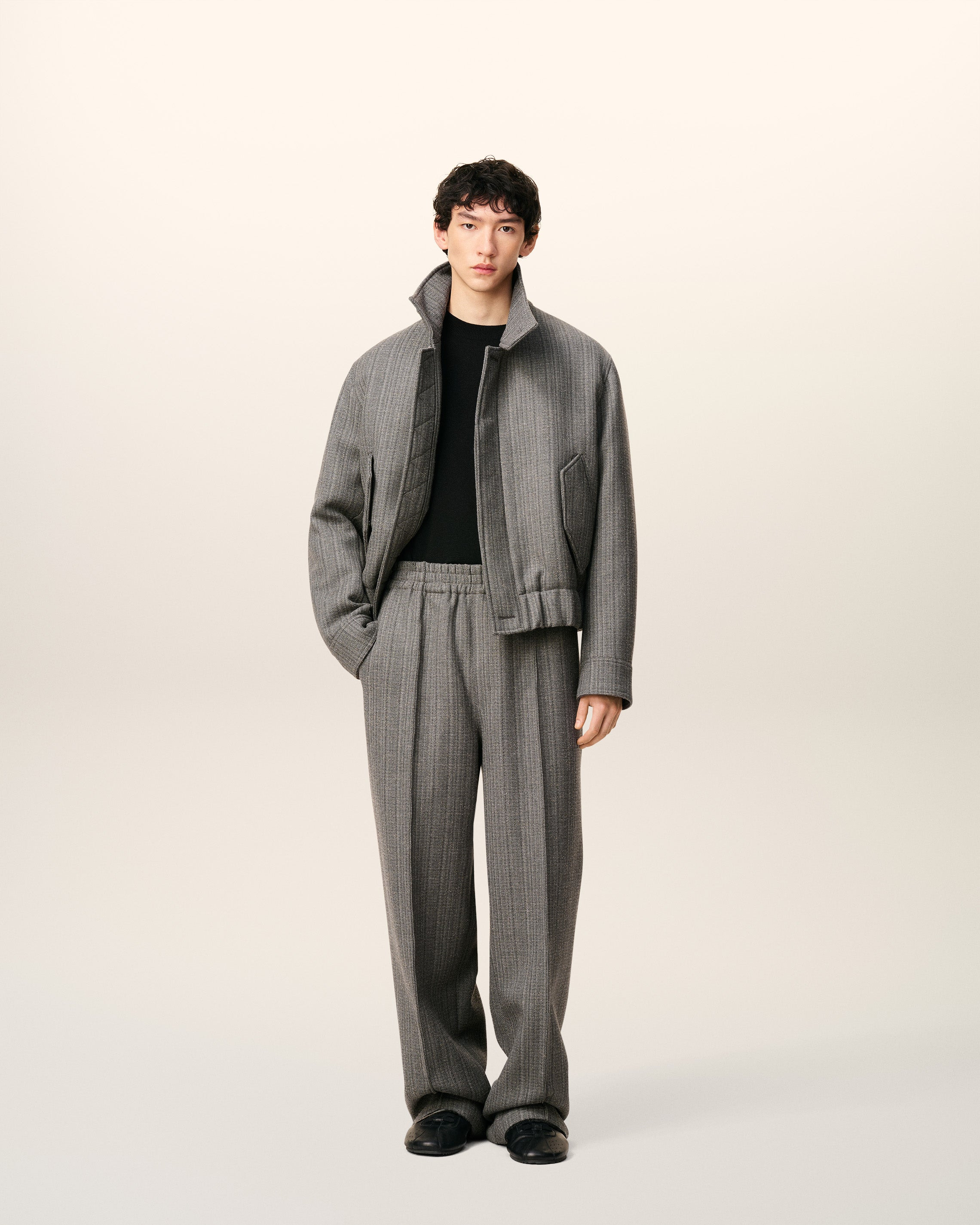 GREY WOOL HERRINGBONE ELASTICATED TROUSERS - 10