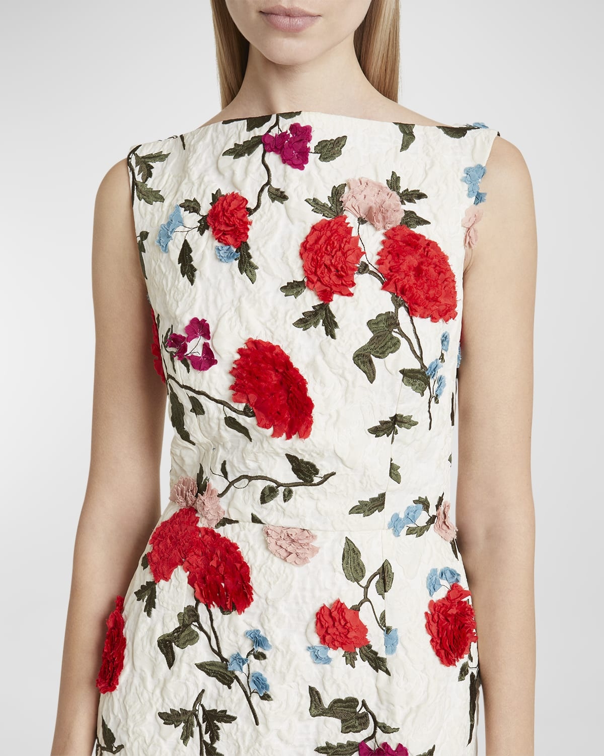 Boat-Neck Floral Embroidered Midi Dress - 5