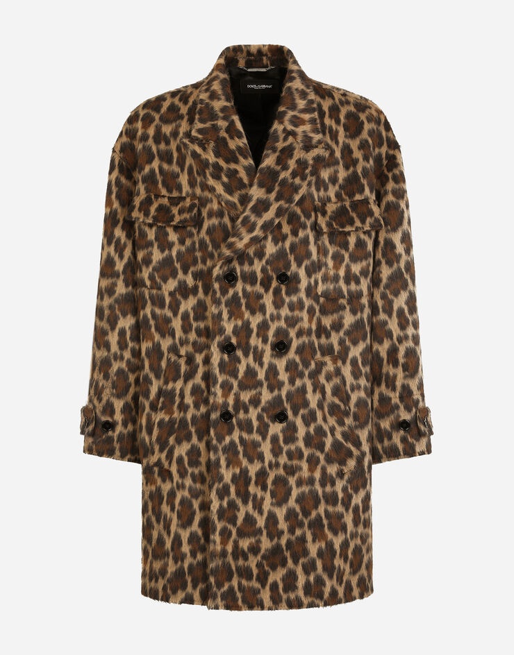 Double-breasted wool jacquard coat with leopard design - 3
