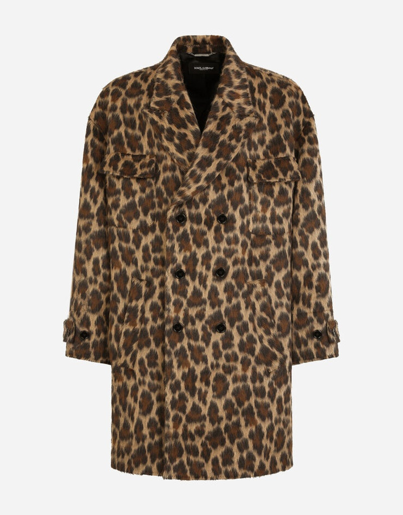Double-breasted wool jacquard coat with leopard design 3