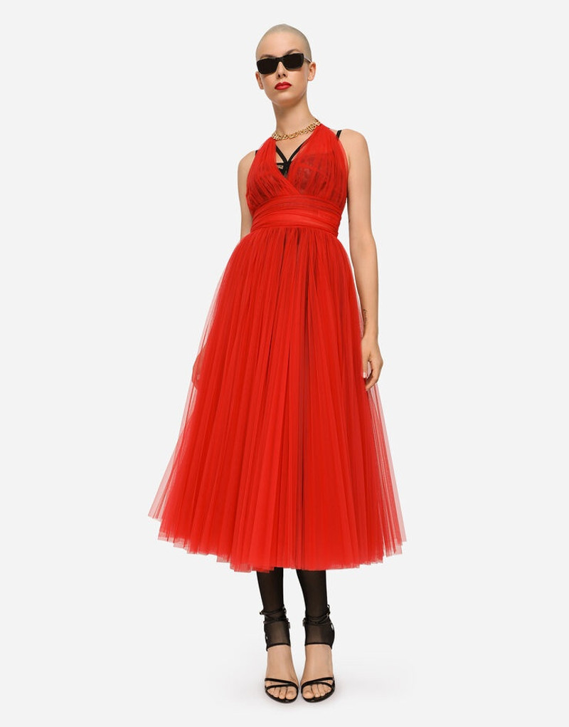 Tulle calf-length dress with sunray pleats 5