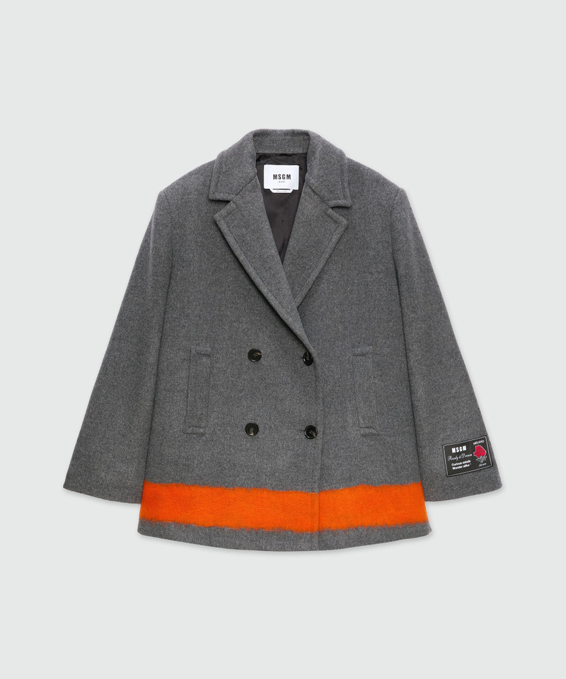 Anthracite double-breasted coat in wool cloth with contrasting band 1