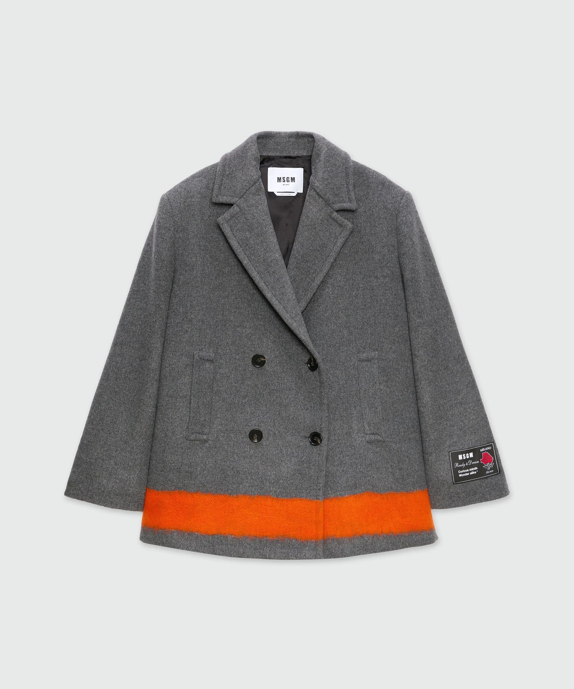 Anthracite double-breasted coat in wool cloth with contrasting band - 1