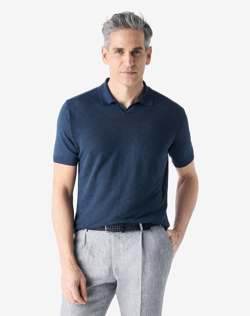 CORNELIANI Blue linen buttonless polo shirt outlook