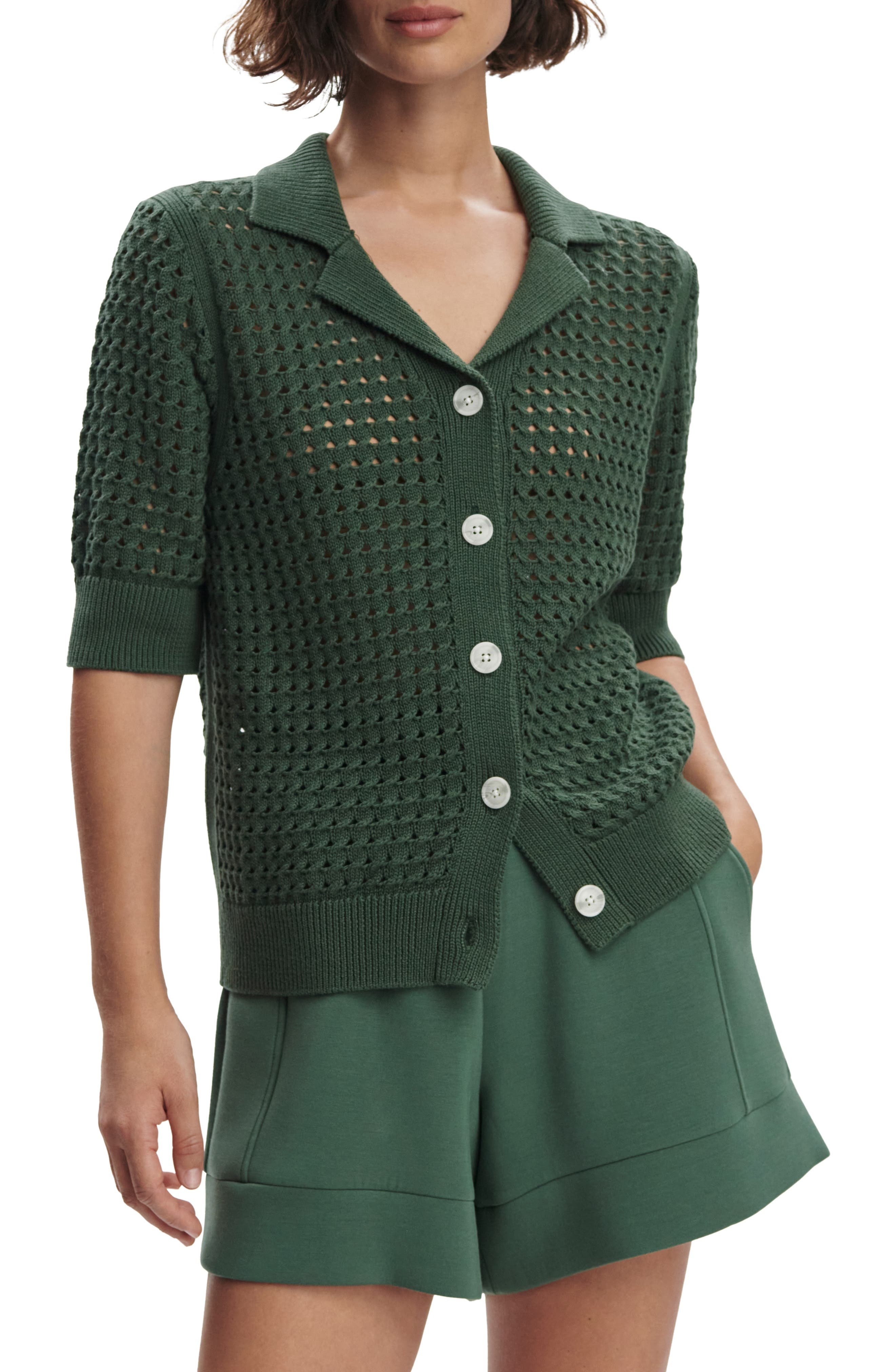 Varley Ellie Open Cable Knit Camp Shirt in Cilantro at Nordstrom - 1