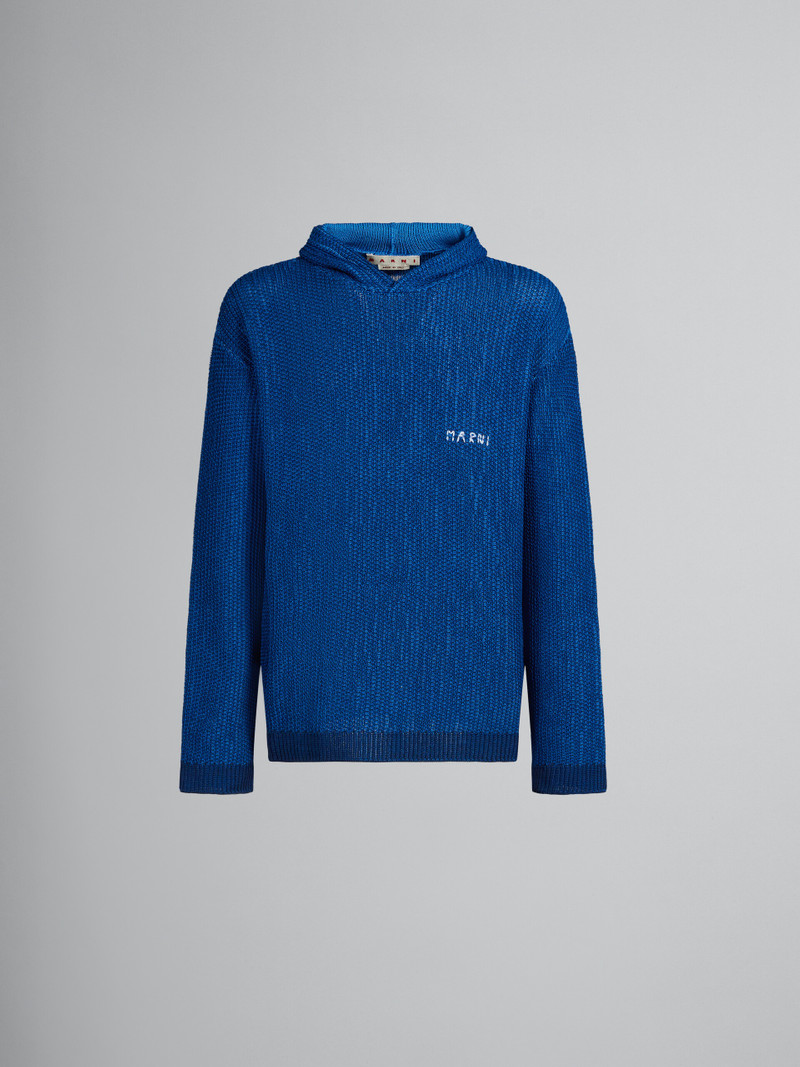 BLUE KNITTED COTTON HOODIE WITH CIRCLE INLAY 1