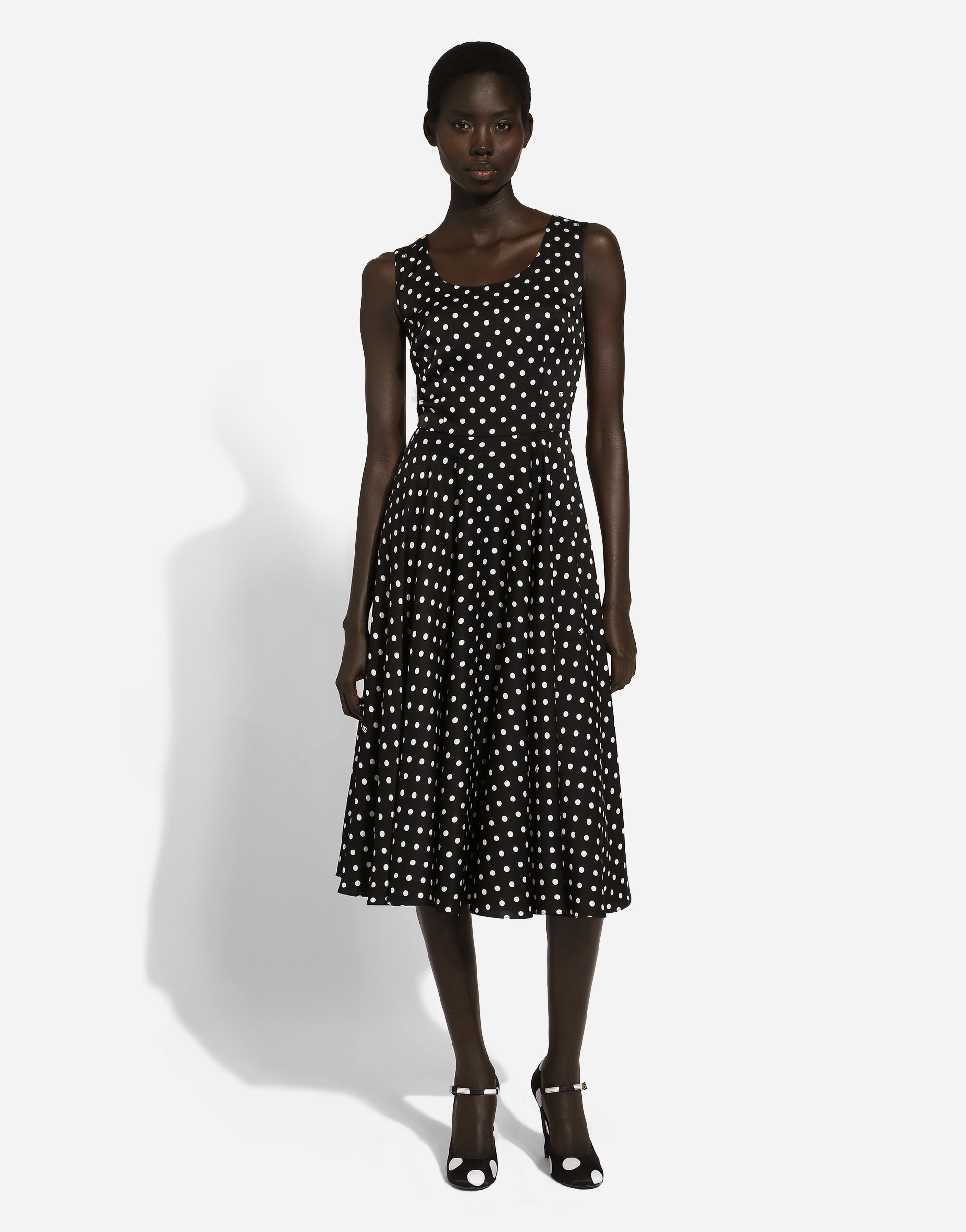 Silk charmeuse calf-length circle-skirt dress with polka-dot print - 2