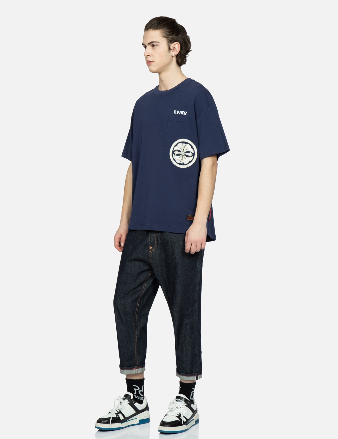 KAMON AND EAGLE-PATTERN BRUSHSTROKE DAICOCK PRINT CROPPED-FIT JEANS #2027 - 4