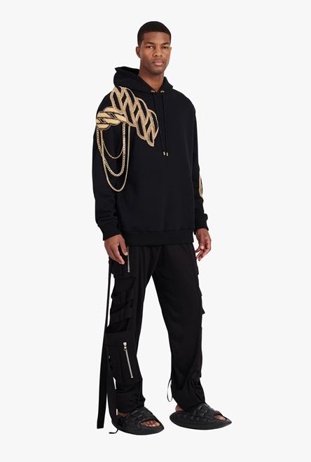 Black cotton sweatshirt with embroidered gold Balmain Paris logo - 2