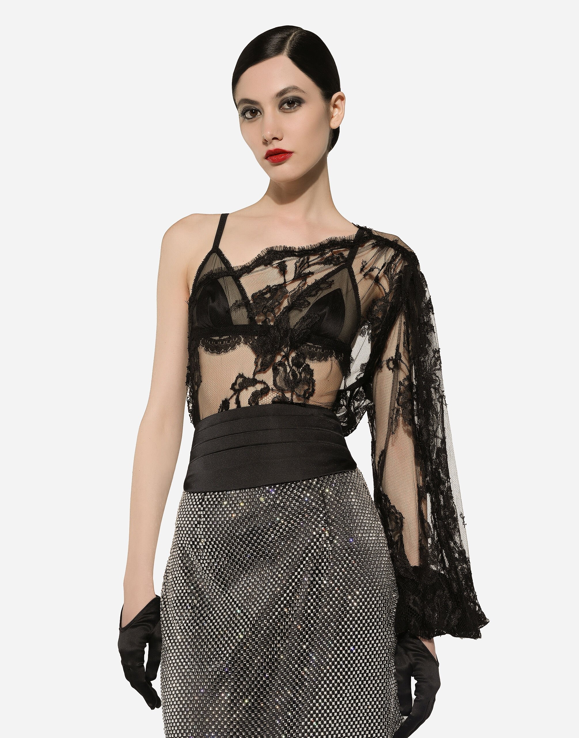 Chantilly lace one-shoulder blouse - 5