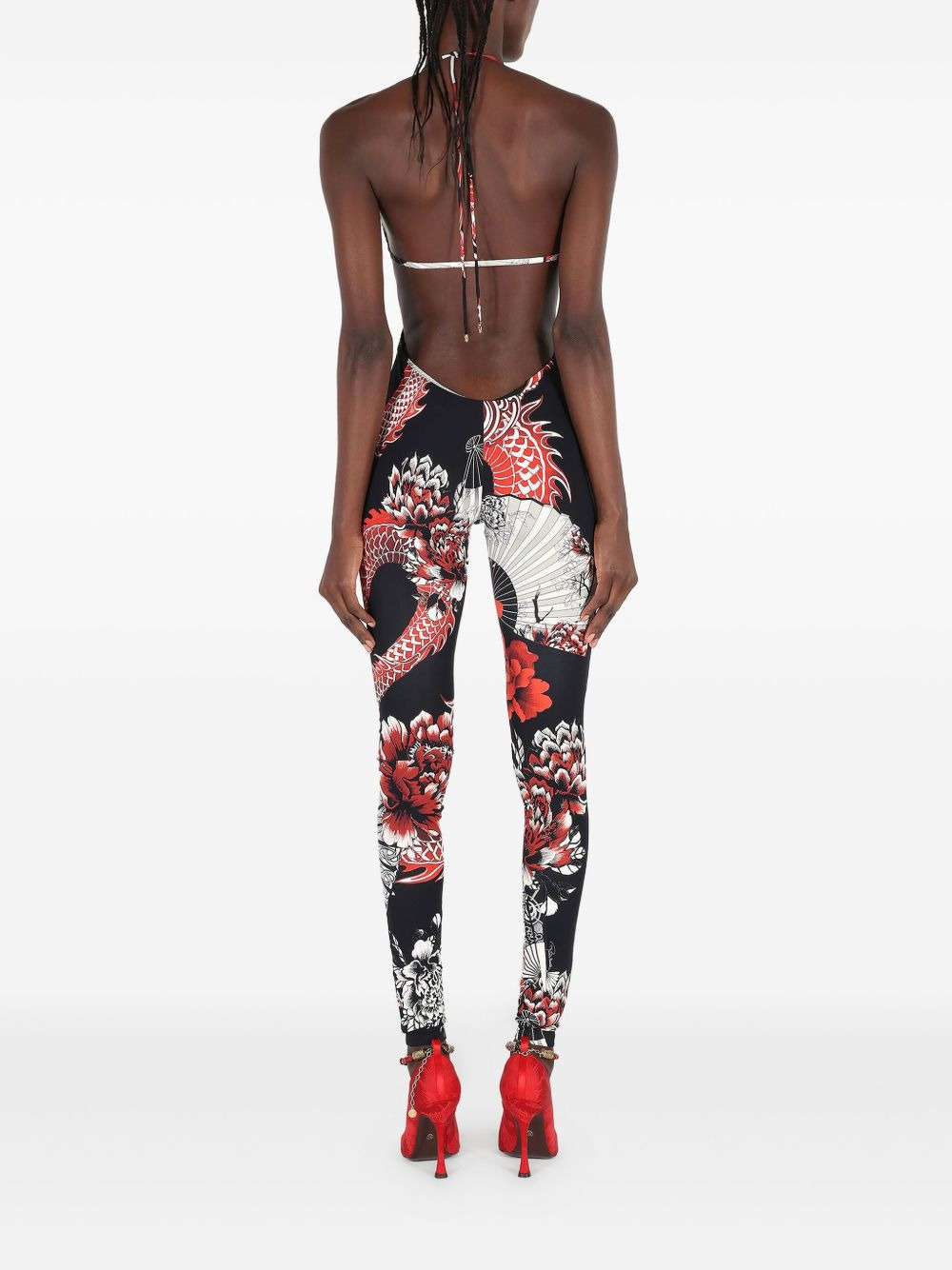 dragon-print lace-up jumpsuit - 4