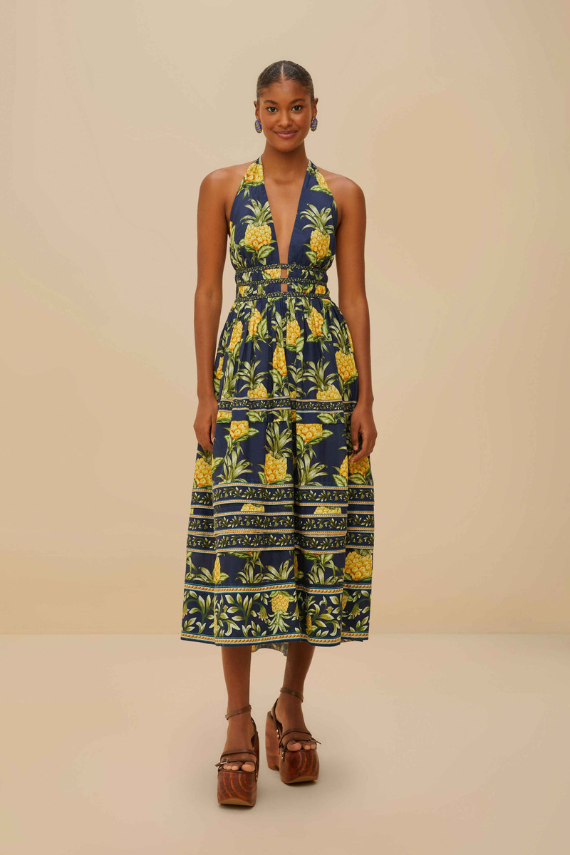 Delicate Pineapple Navy Blue Midi Dress Sleeveless 1