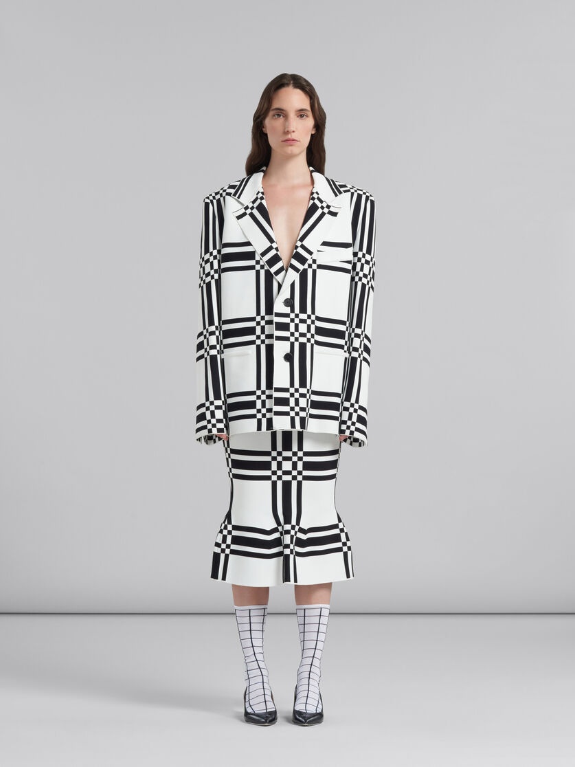WHITE CHECKED VISCOSE SHEATH SKIRT WITH FLOUNCE HEM - 2