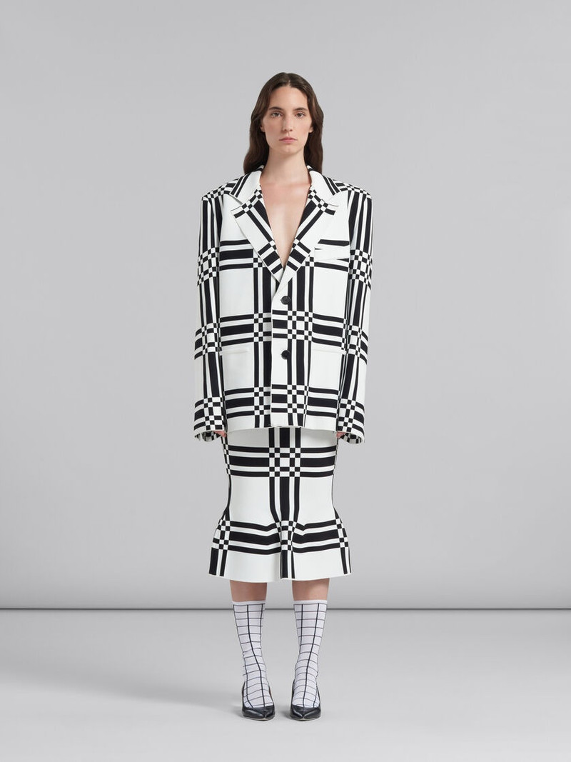 Marni WHITE CHECKED VISCOSE SHEATH SKIRT WITH FLOUNCE HEM outlook