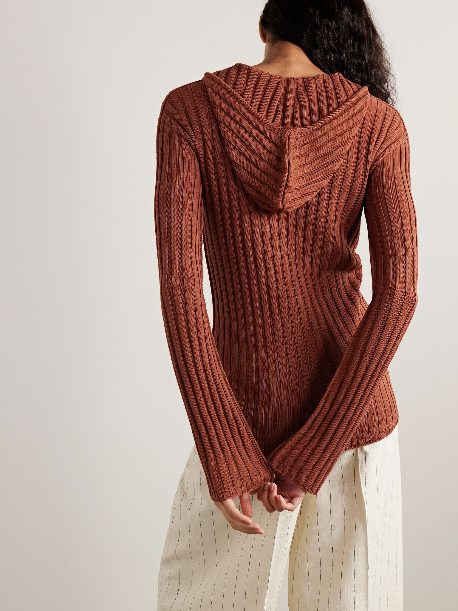 Hooded ribbed cotton cardigan Brick - 4