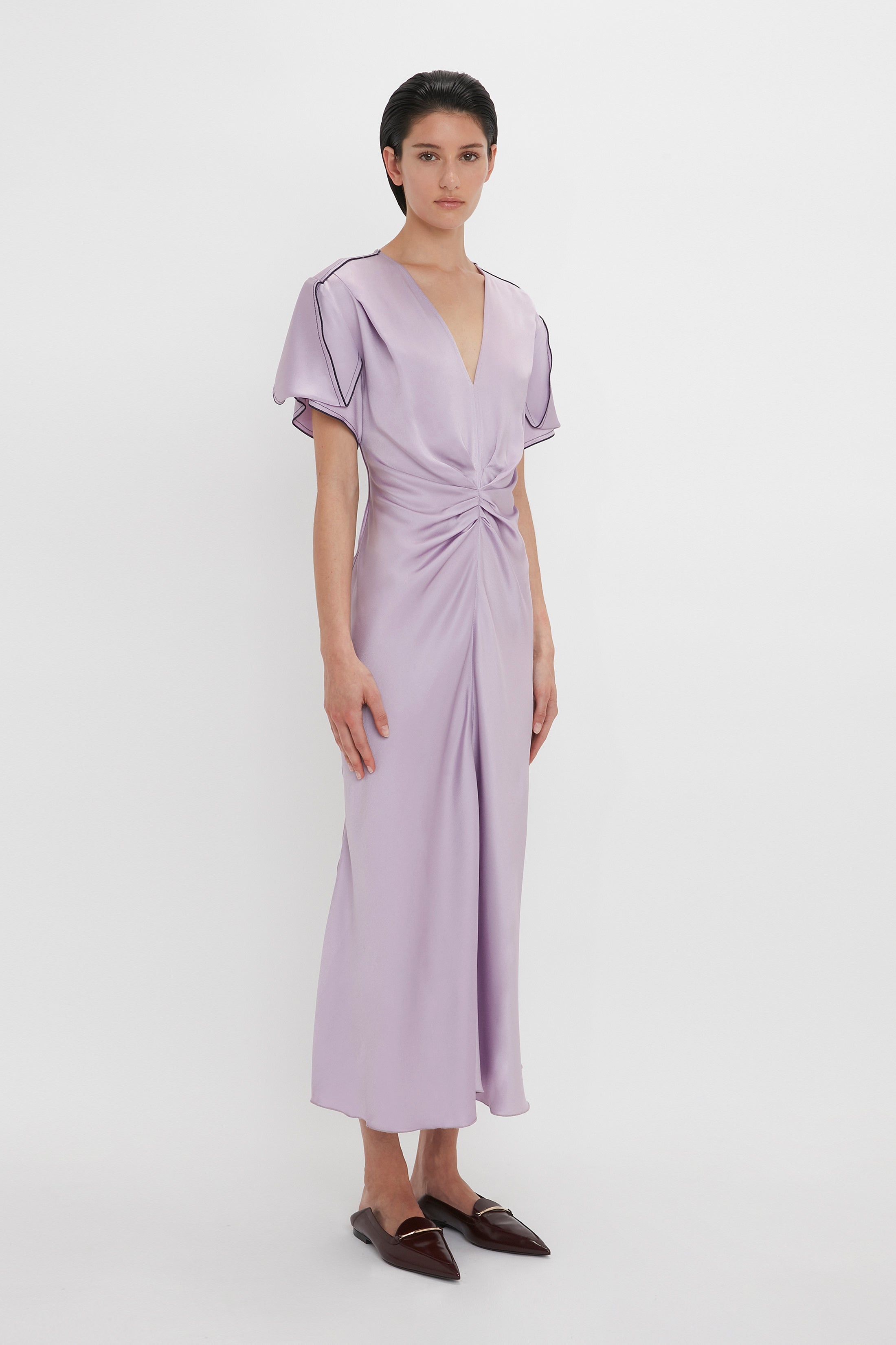 Gathered V-Neck Midi Dress In Petunia - 3
