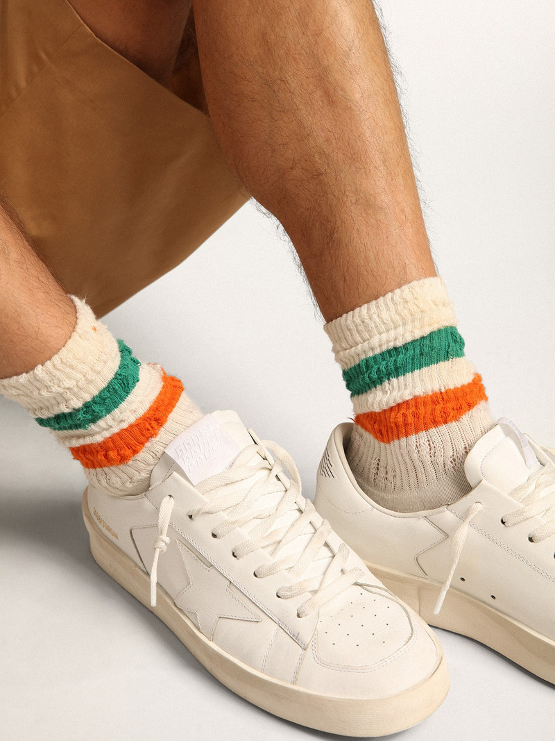 Distressed-finish white socks with green and orange stripes 4