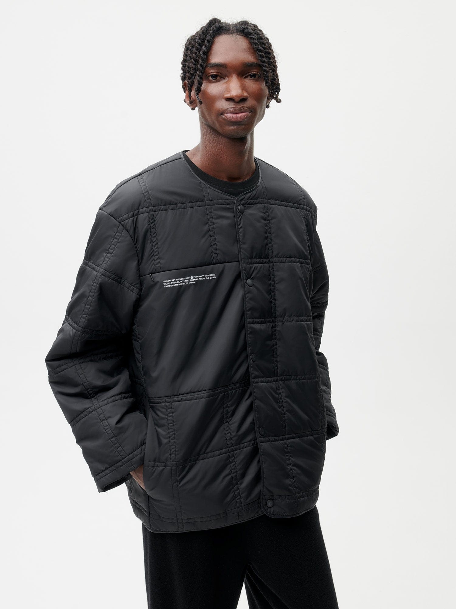 Mens Flower-Warmth Quilted Collarless Jacket  - Black - 3