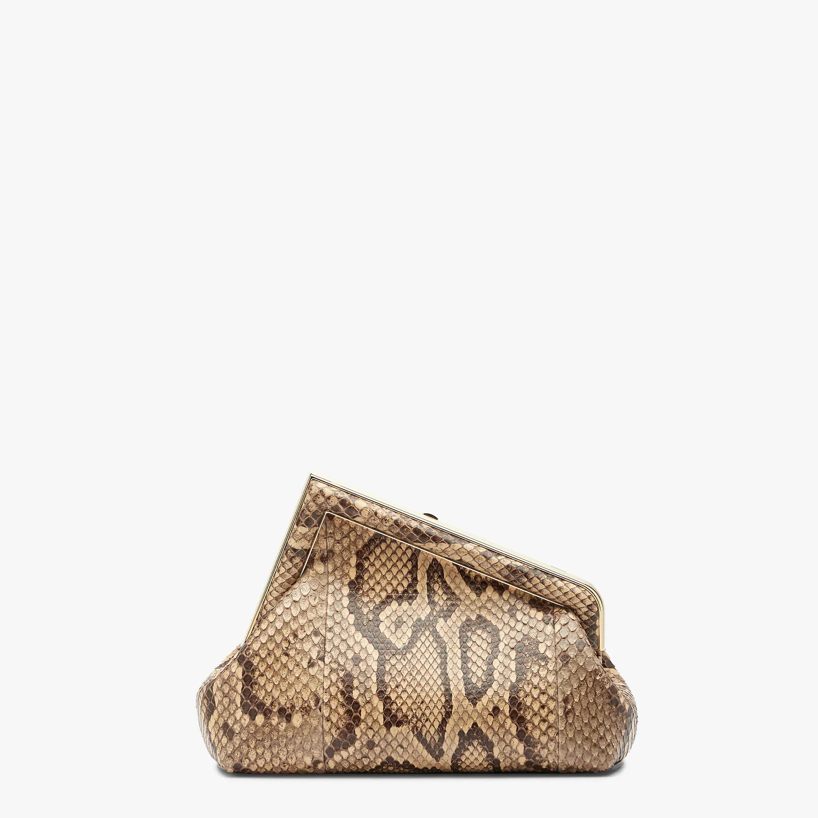 Small Fendi First bag in exquisite brown python leather with an oversized F metal clasp with tone on - 3