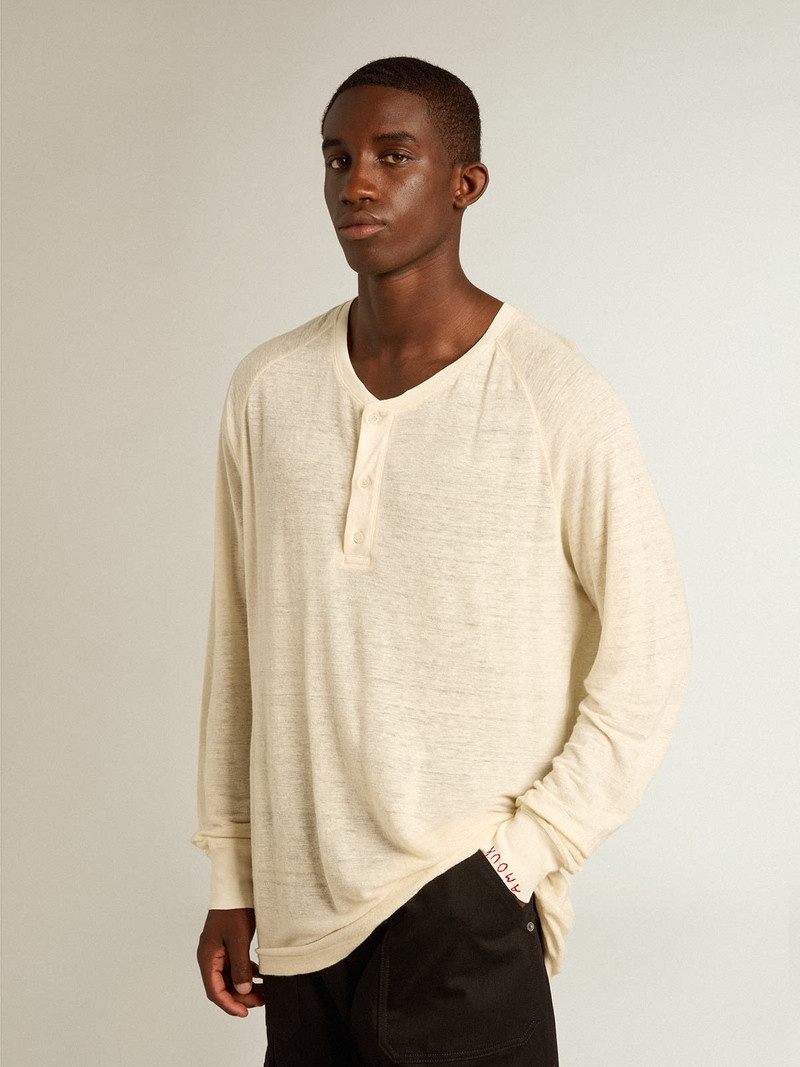 Men's long-sleeved T-shirt in panama-colored linen 5